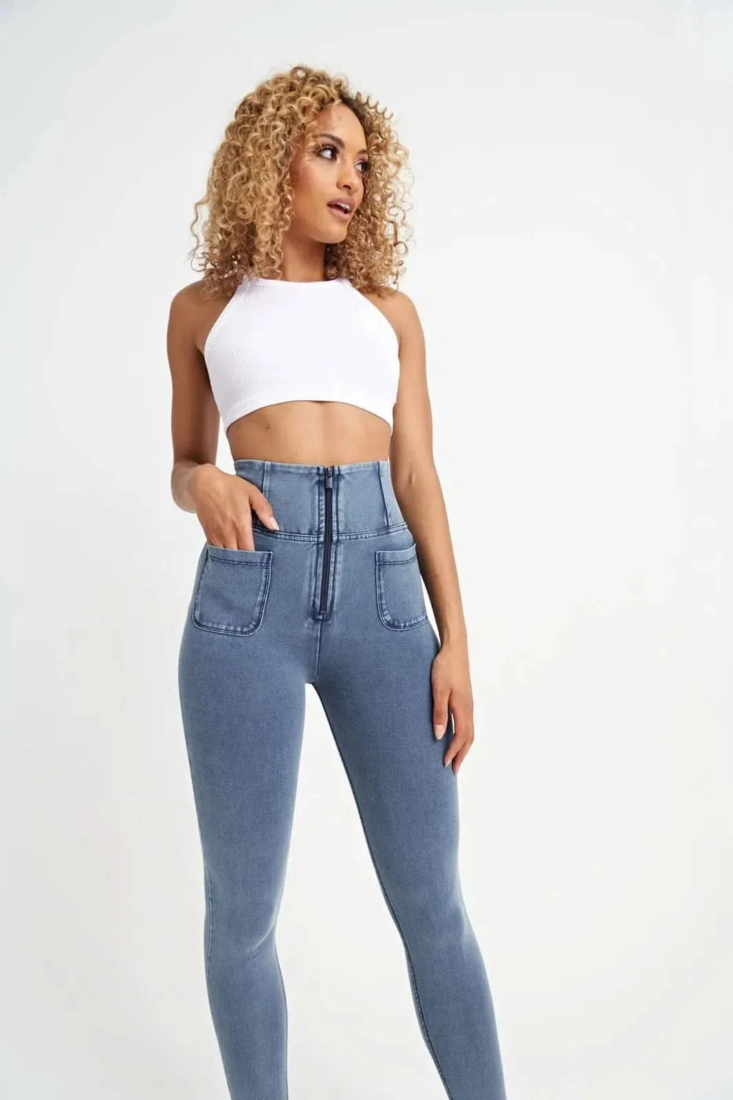 WRUP Denim With Front Pockets - Super High Waisted - 7/8 Length - Light Blue + Blue Stitching - Image 3
