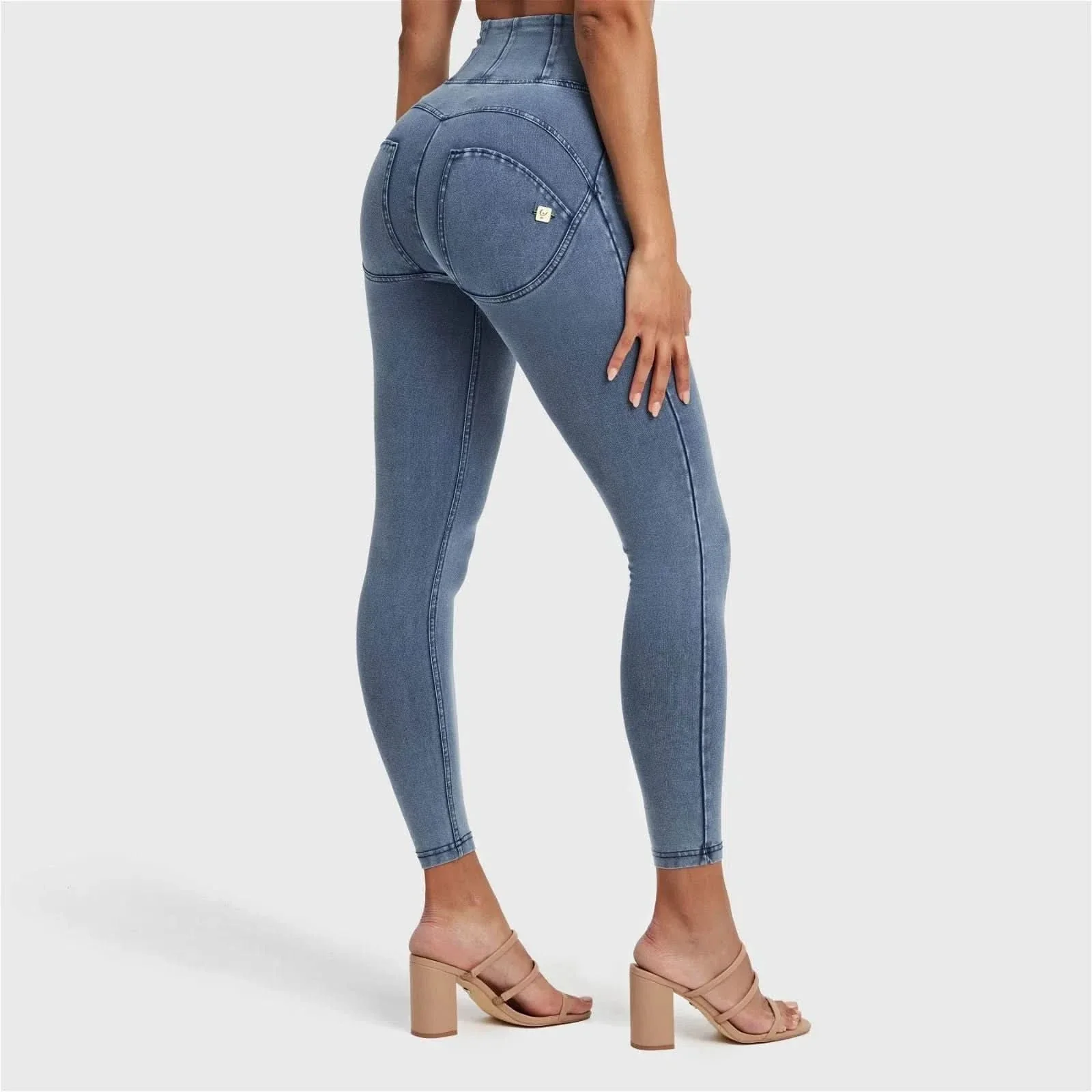 WRUP Denim With Front Pockets - Super High Waisted - 7/8 Length - Light Blue + Blue Stitching - Image 5