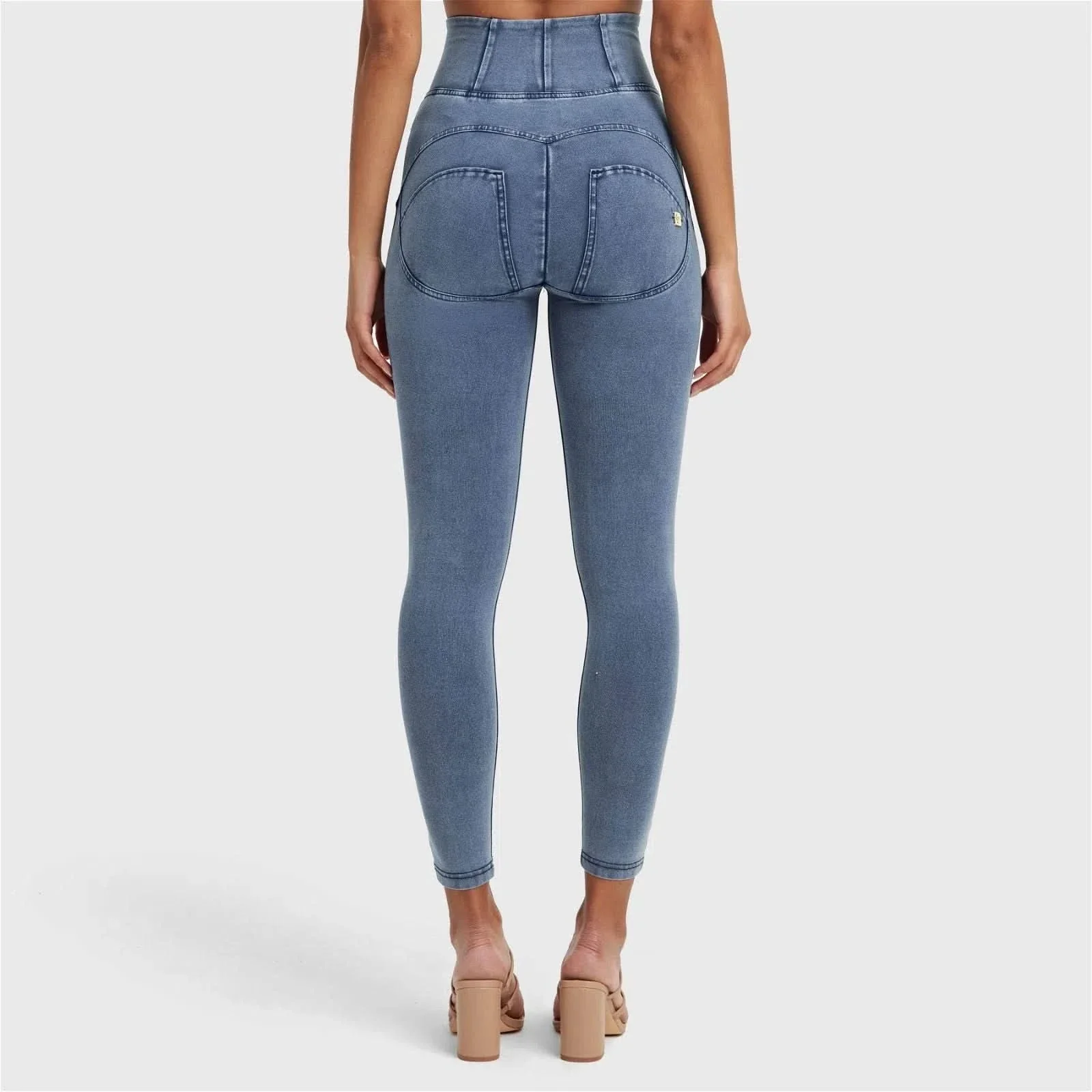 WRUP Denim With Front Pockets - Super High Waisted - 7/8 Length - Light Blue + Blue Stitching - Image 6