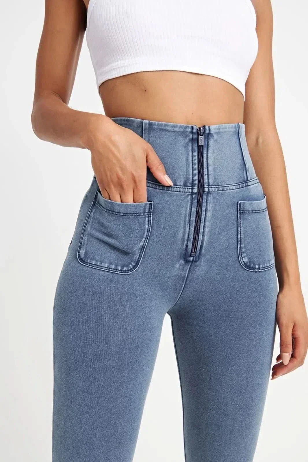 WRUP Denim With Front Pockets - Super High Waisted - 7/8 Length - Light Blue + Blue Stitching - Image 7