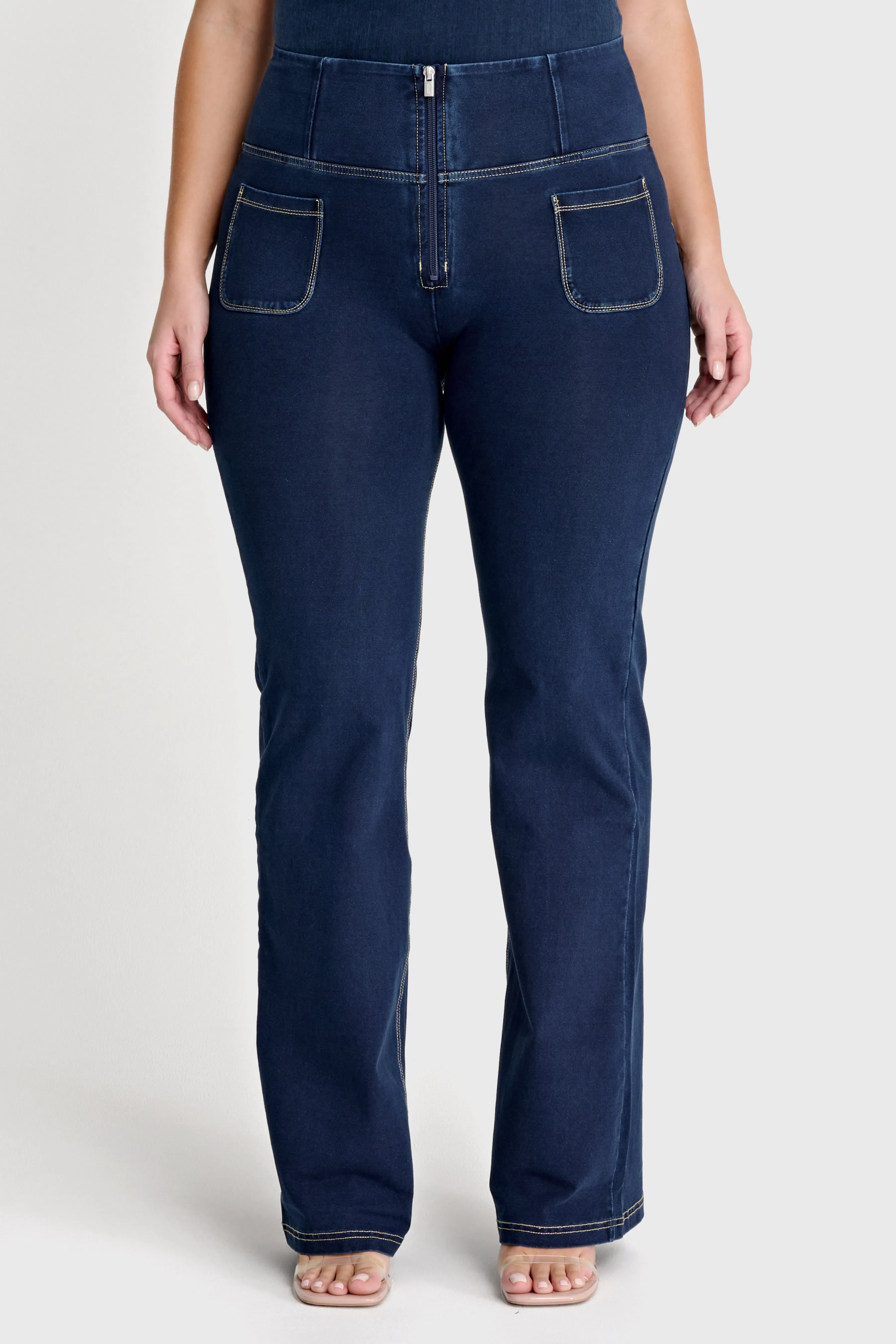 WRUP Denim with Front Pockets - Super High Waisted - Flare - Dark Blue + Beige Stitching - Image 4