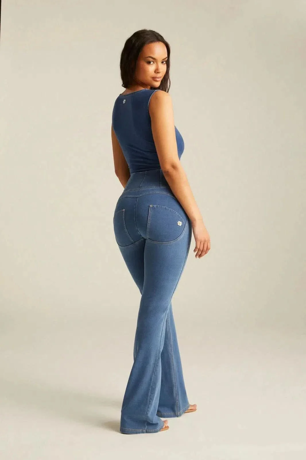 WRUP Front Pocket Denim - High Waisted - Flare - Light Blue + Beige Stitching - Image 2