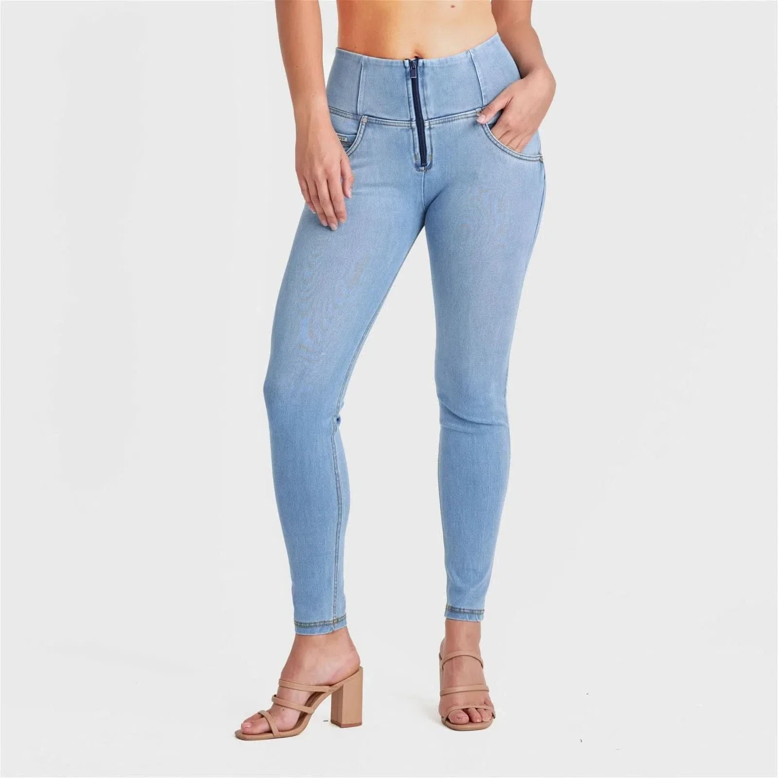 WRUP SNUG Jeans - High Waisted - Full Length - Light Blue + Yellow Stitching - Image 3