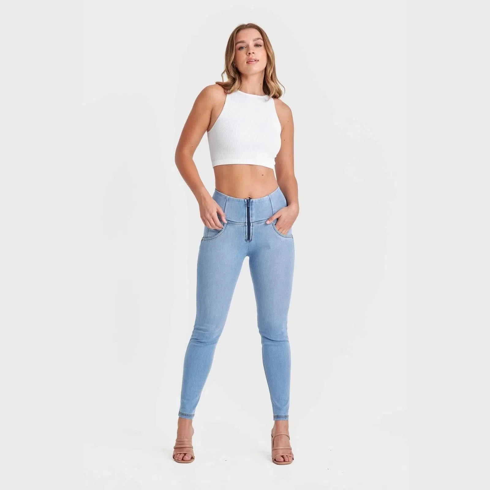 WRUP SNUG Jeans - High Waisted - Full Length - Light Blue + Yellow Stitching - Image 5