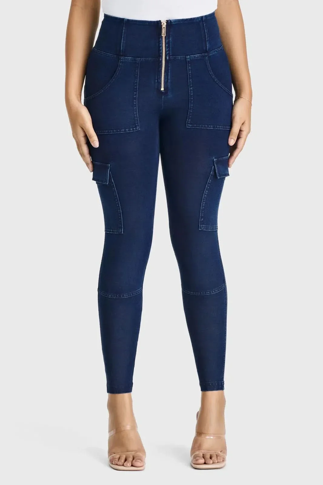 WRUP Cargo Denim - High Waisted - 7/8 Length - Dark Blue + Blue Stitching - Image 3