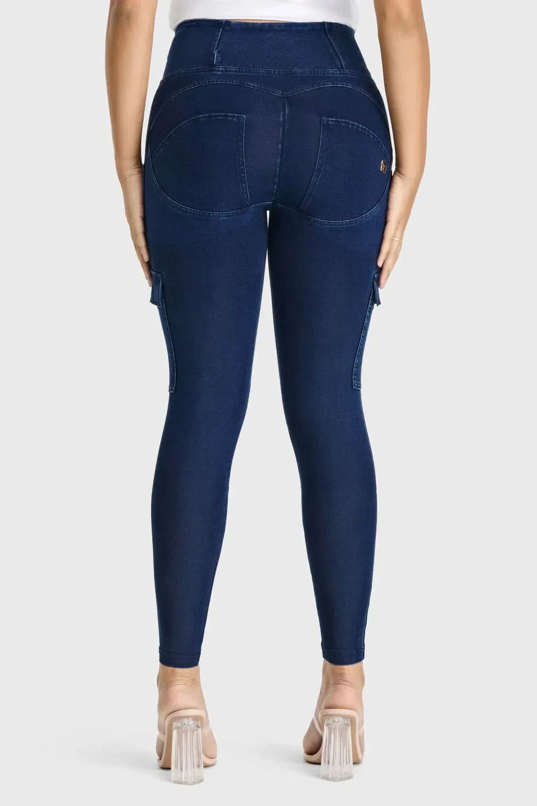 WRUP Cargo Denim - High Waisted - 7/8 Length - Dark Blue + Blue Stitching - Image 4