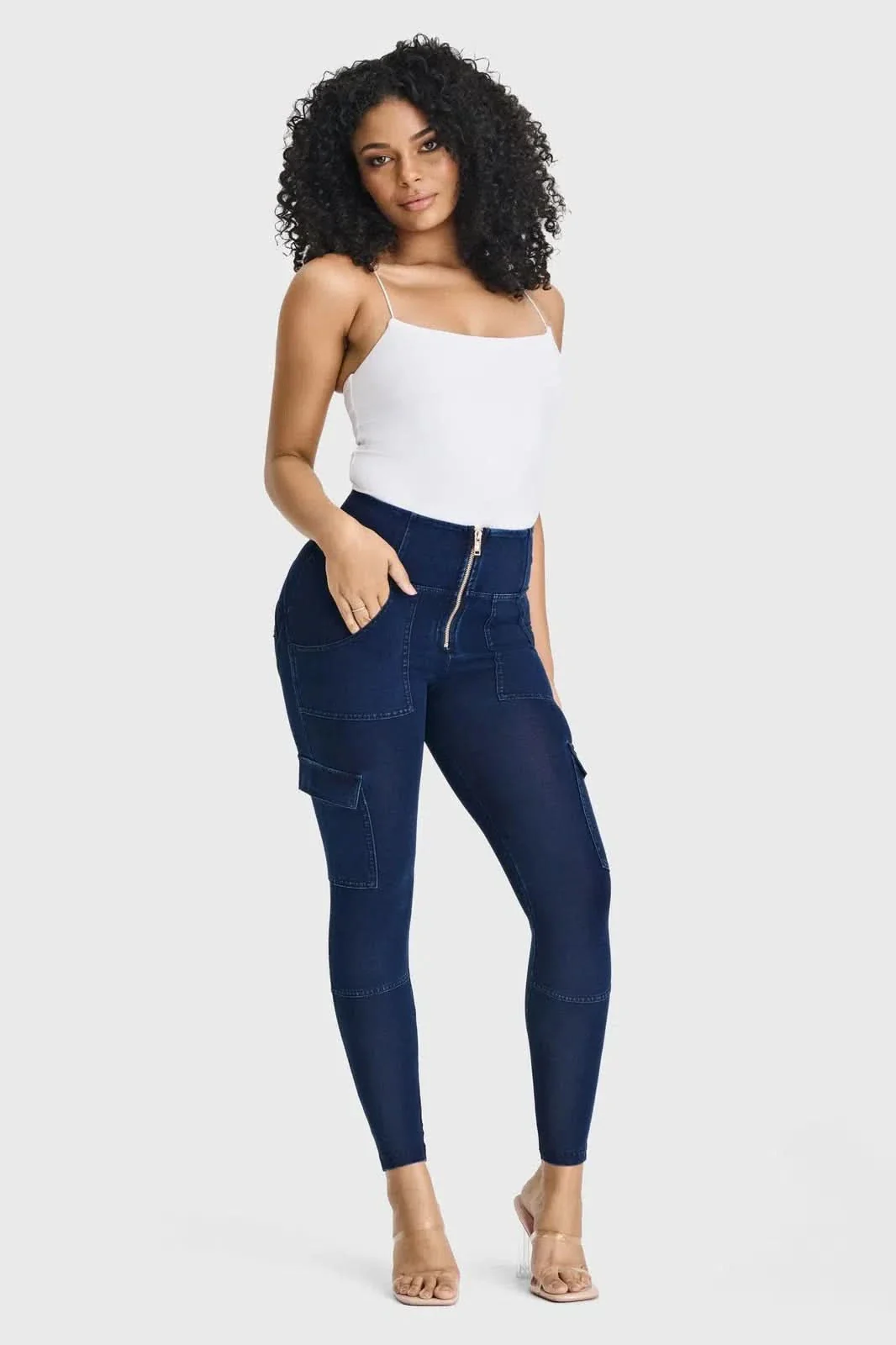 WRUP Cargo Denim - High Waisted - 7/8 Length - Dark Blue + Blue Stitching - Image 5