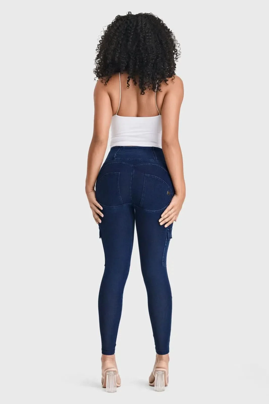 WRUP Cargo Denim - High Waisted - 7/8 Length - Dark Blue + Blue Stitching - Image 6