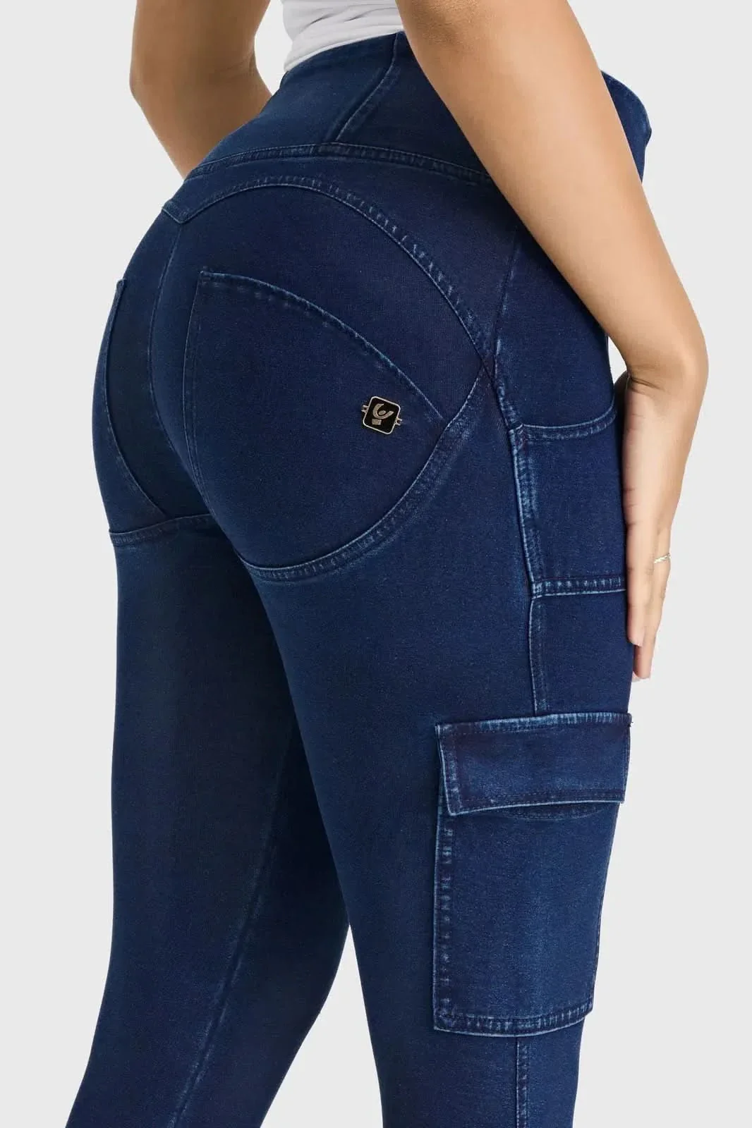 WRUP Cargo Denim - High Waisted - 7/8 Length - Dark Blue + Blue Stitching - Image 8