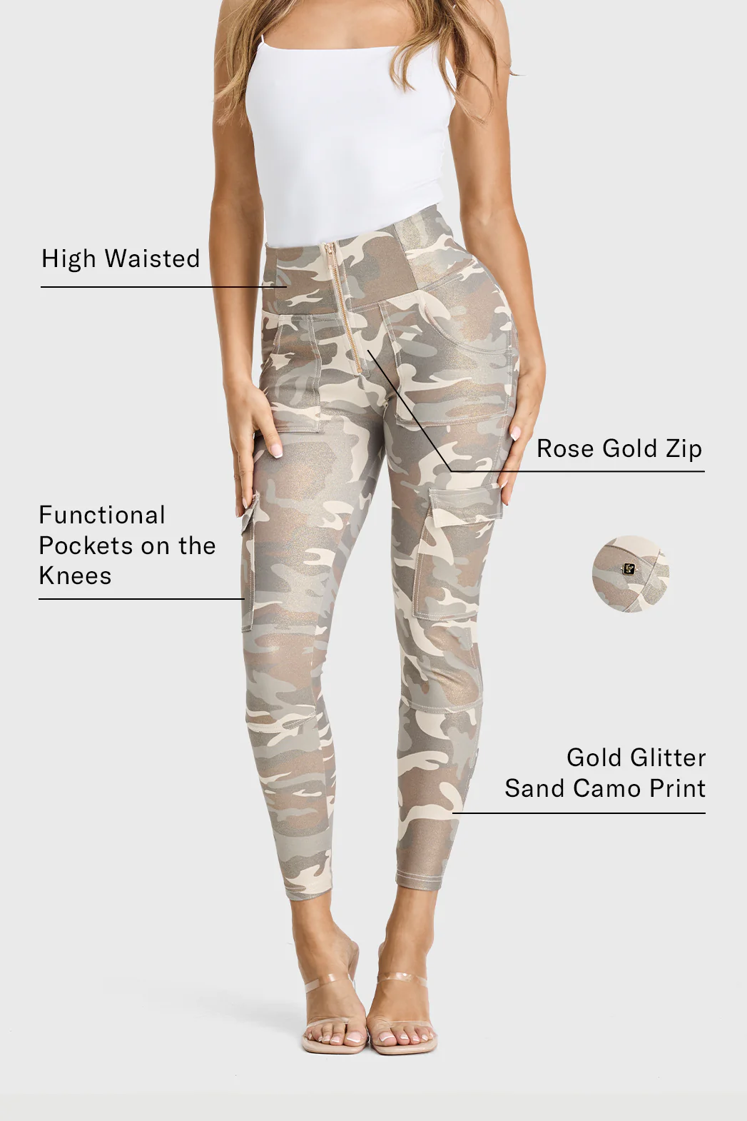 WRUP Cargo Fashion - High Waisted - 7/8 Length - Glitter Gold Camo - Image 3