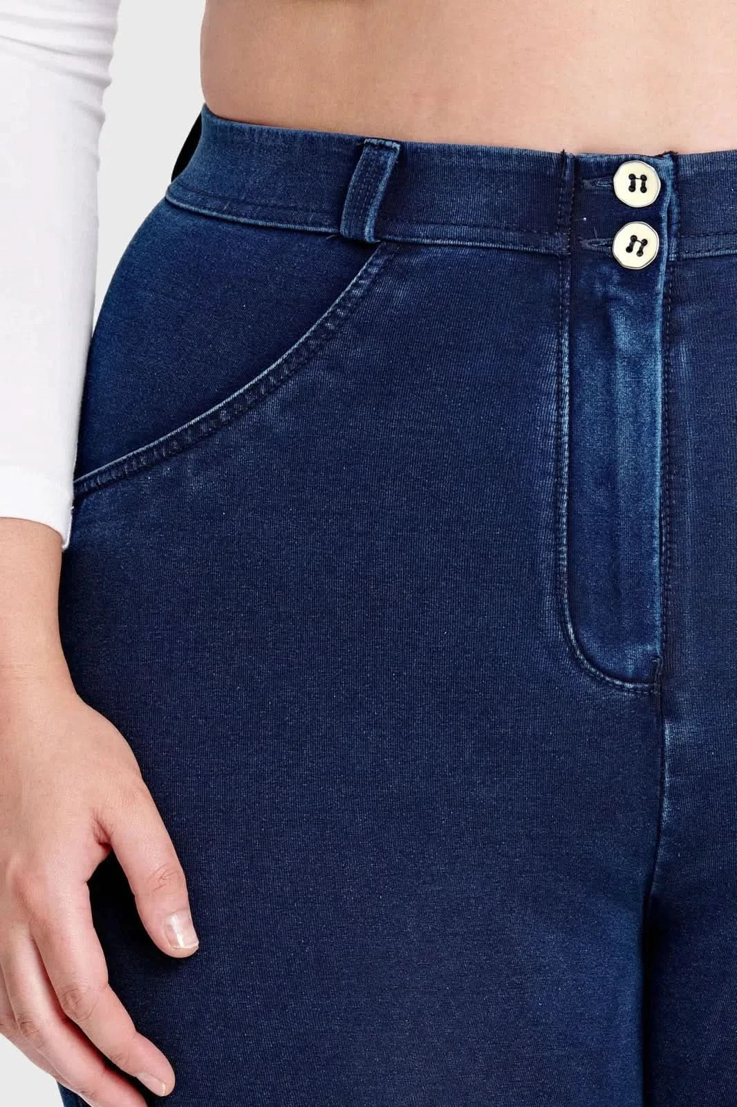 WRUP Curvy Denim - High Waisted - Full Length - Dark Blue + Blue Stitching - Image 8