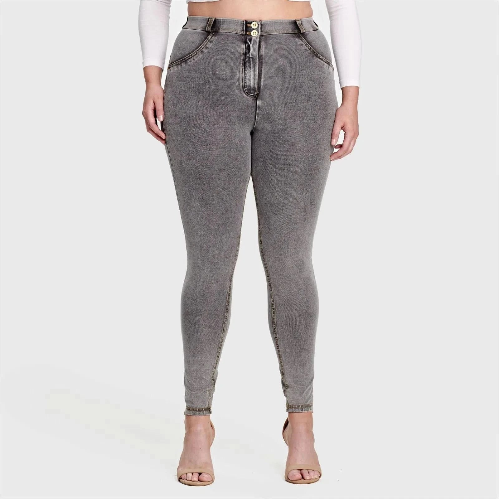 WRUP Curvy Denim - High Waisted - Full Length - Grey + Yellow Stitching - Image 4
