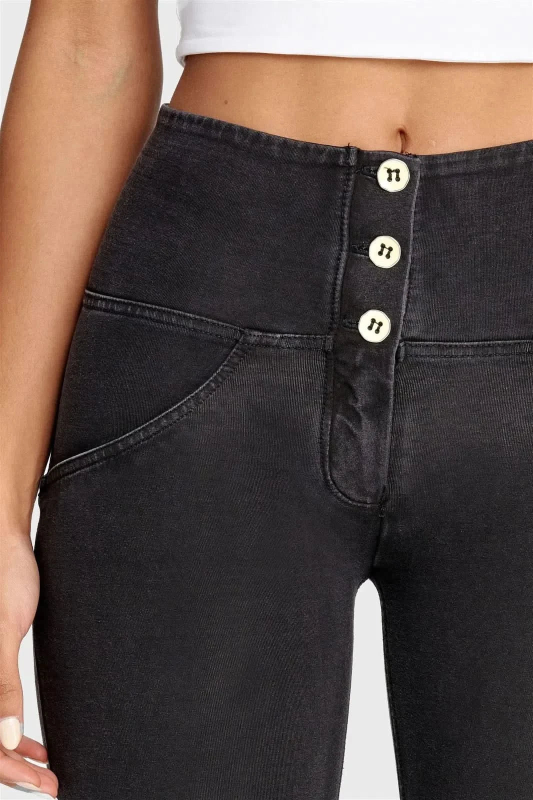 WRUP Denim - 3 Button High Waisted - 7/8 Length - Black + Black Stitching - Image 7