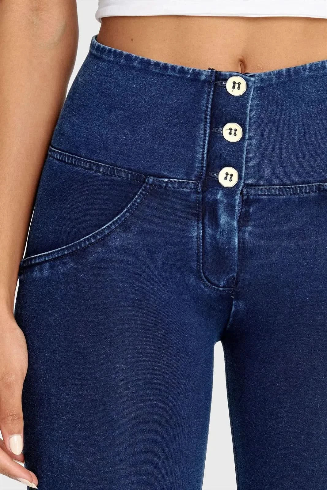WRUP Denim - 3 Button High Waisted - 7/8 Length - Dark Blue + Blue Stitching - Image 10