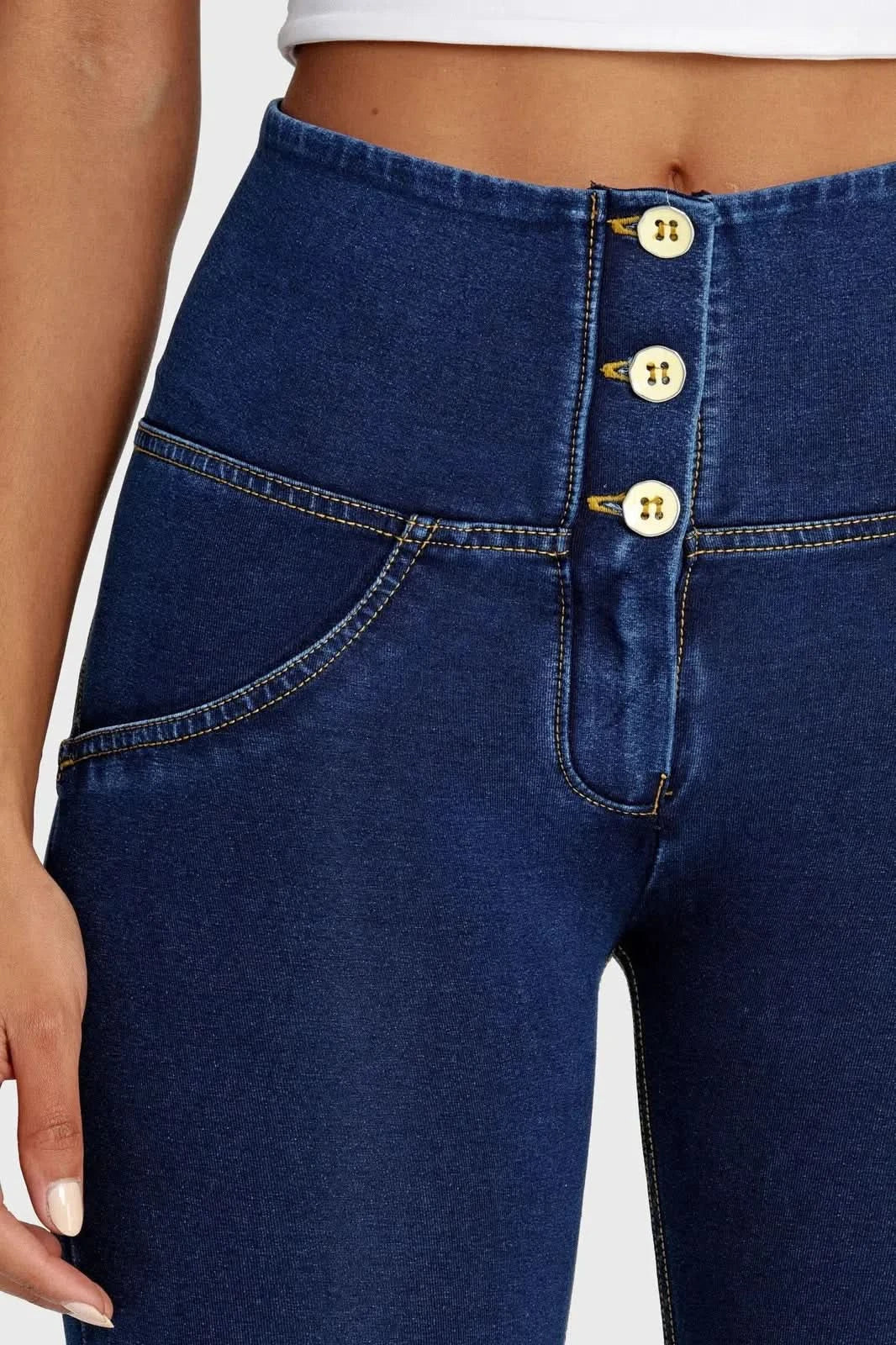 WRUP Denim - 3 Button High Waisted - 7/8 Length - Dark Blue + Yellow Stitching - Image 7