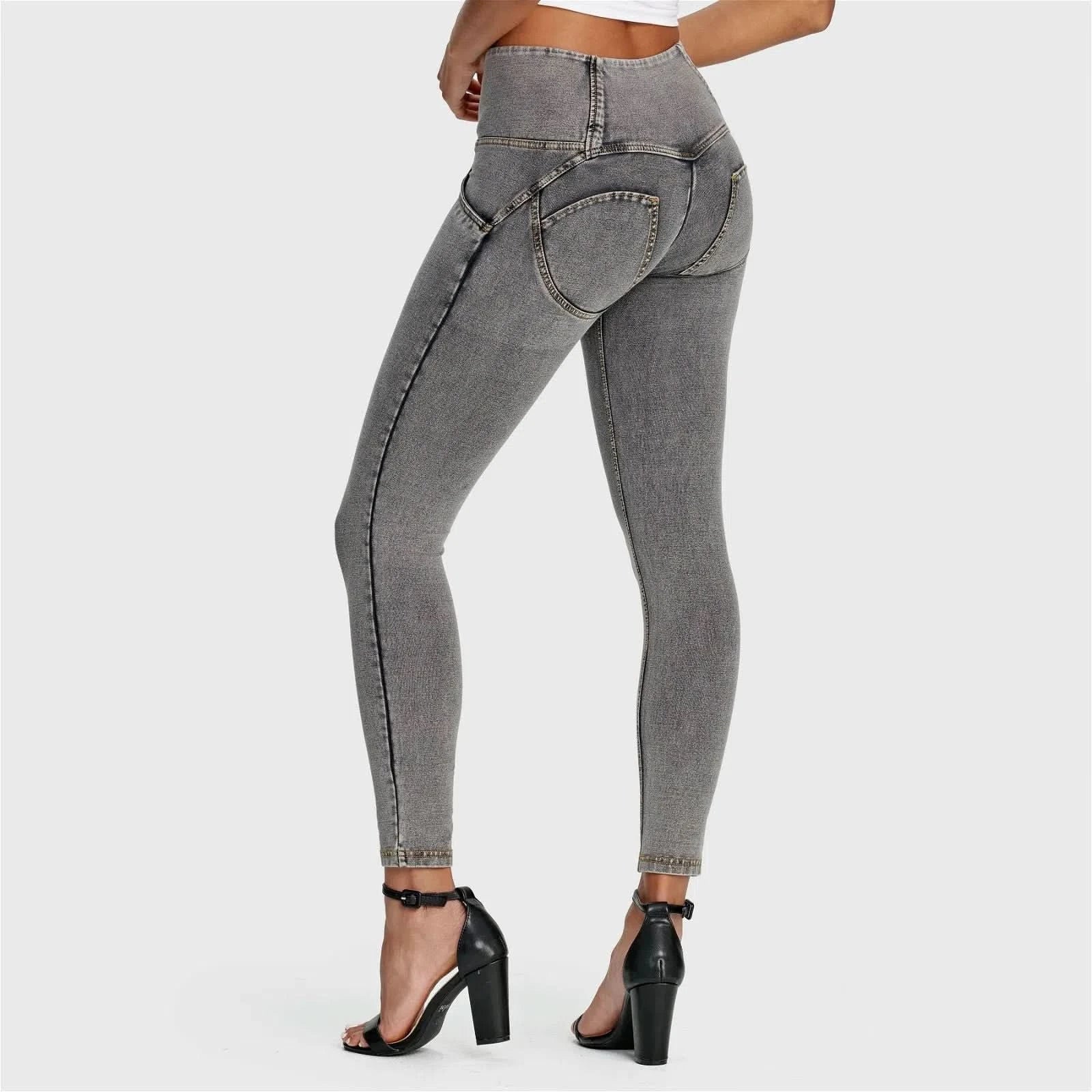 WRUP Denim - 3 Button High Waisted - 7/8 Length - Grey + Yellow Stitching - Image 6