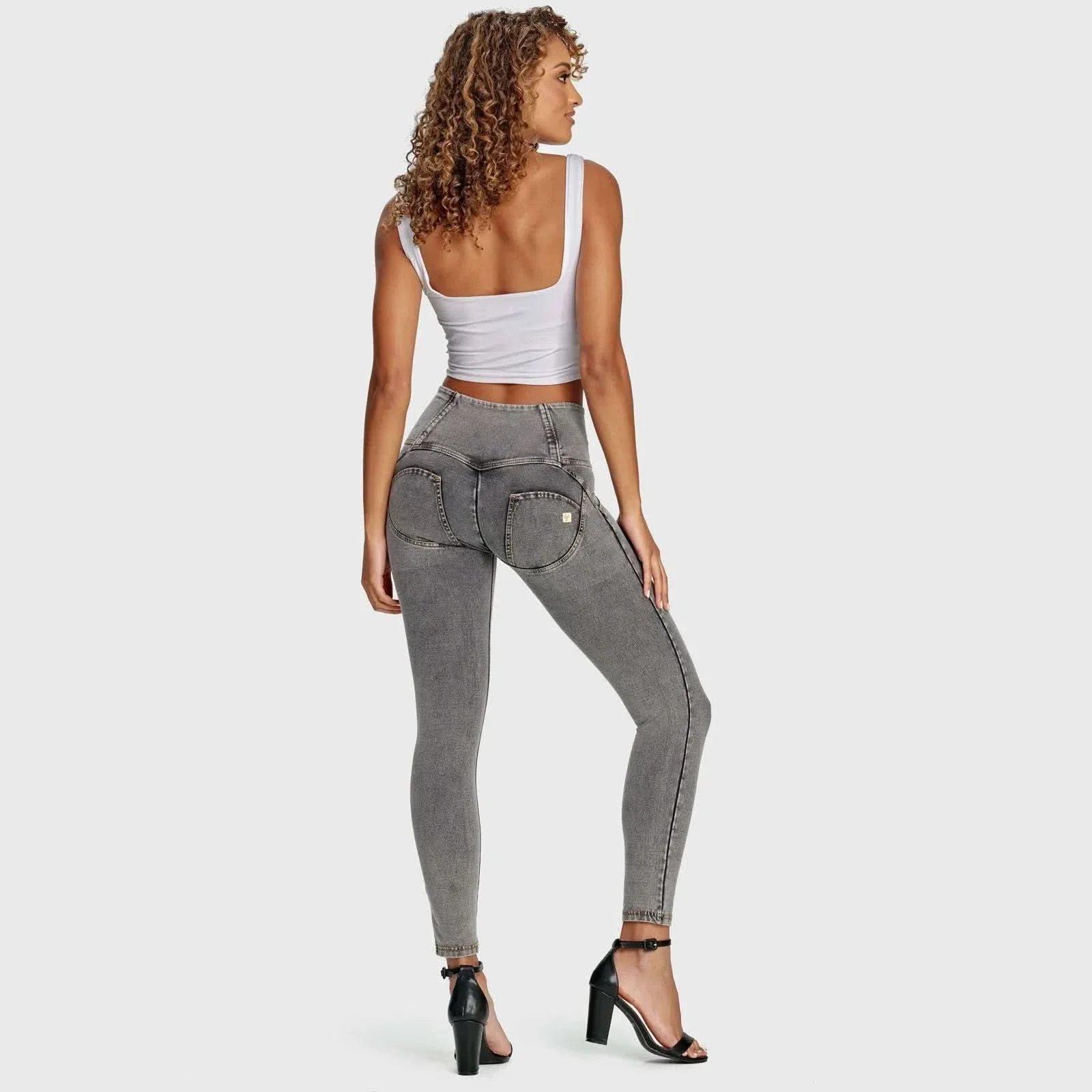 WRUP Denim - 3 Button High Waisted - 7/8 Length - Grey + Yellow Stitching - Image 9