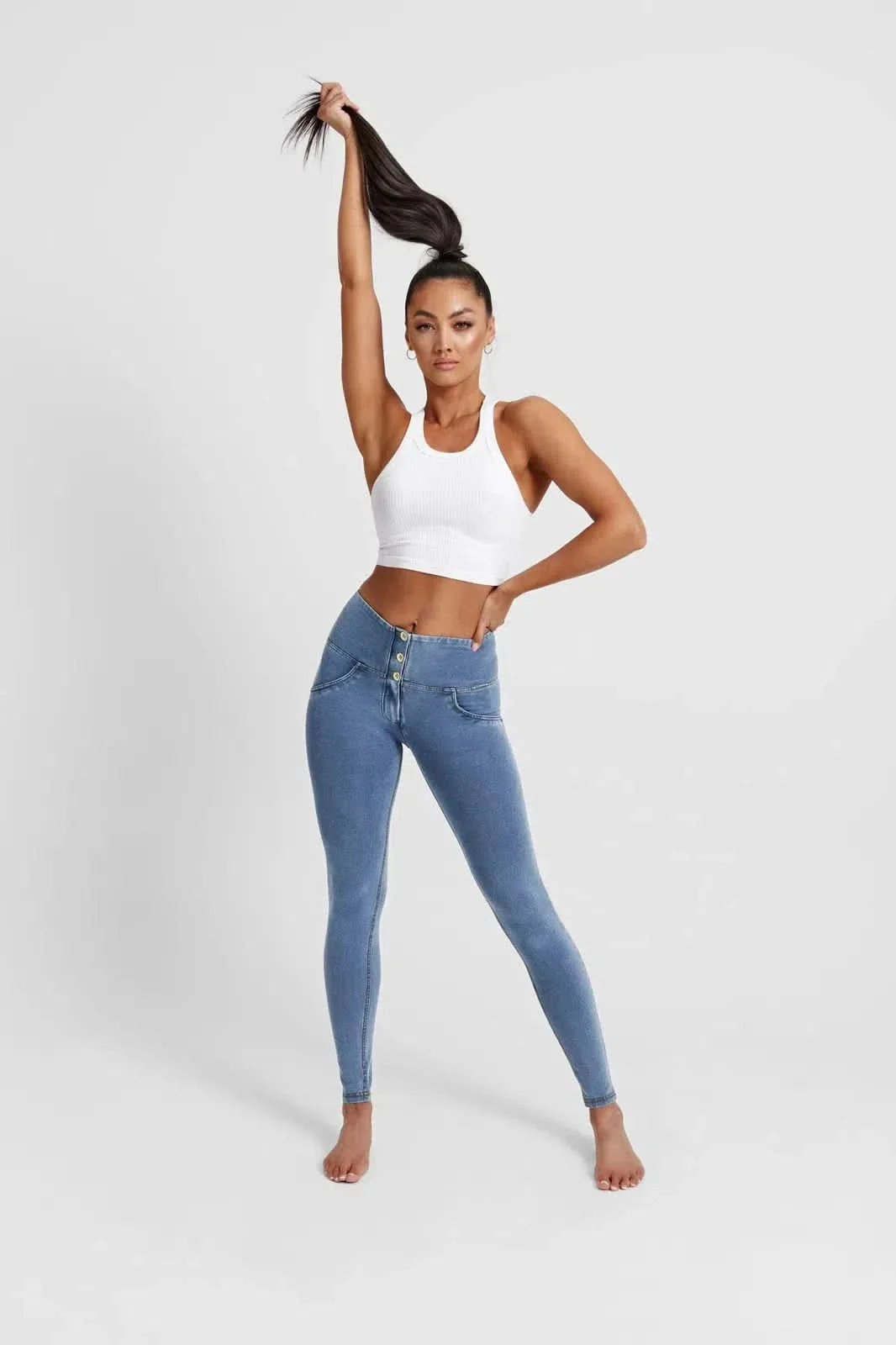 WRUP Denim - 3 Button High Waisted - Full Length - Light Blue + Yellow Stitching - Image 3