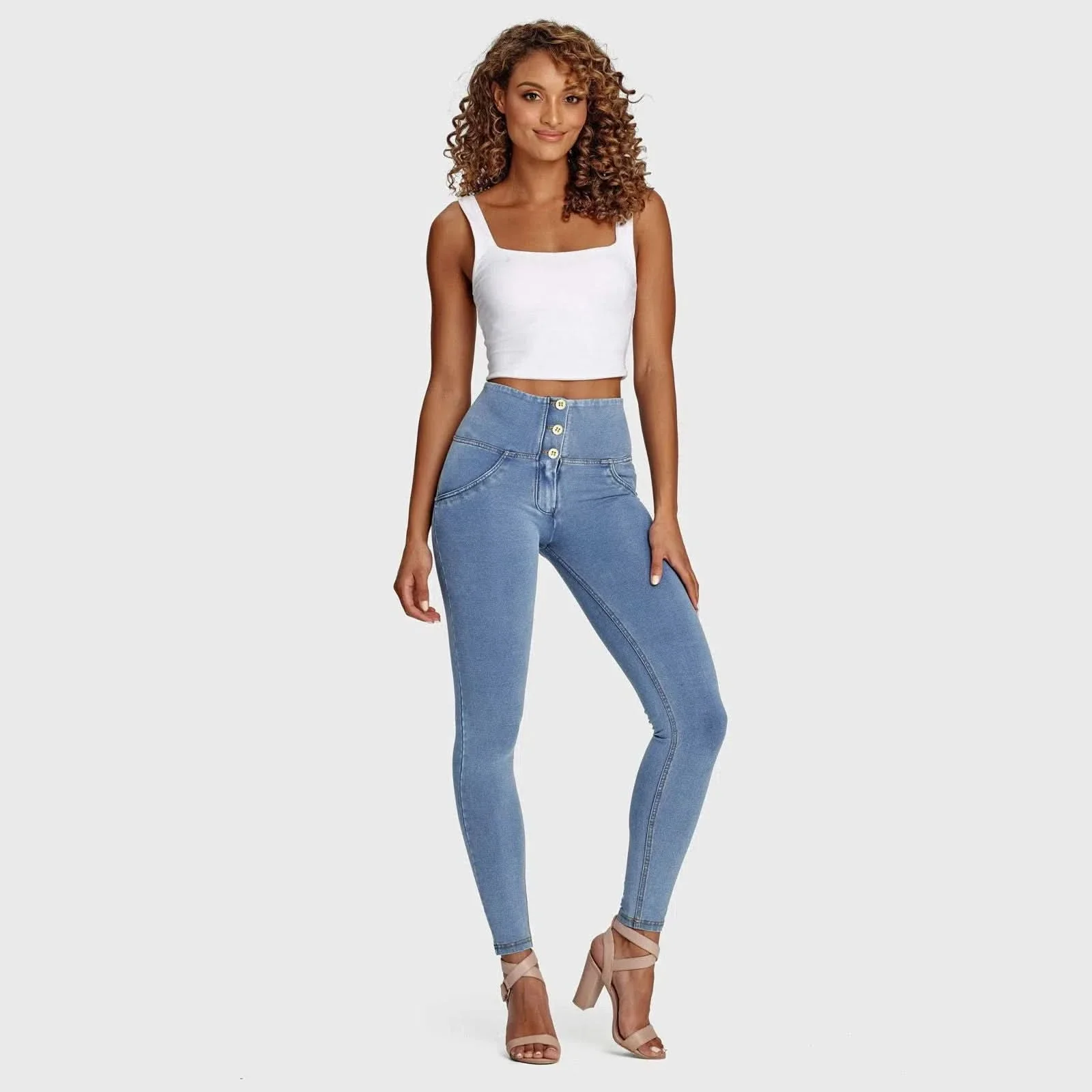 WRUP Denim - 3 Button High Waisted - Full Length - Light Blue + Yellow Stitching - Image 4