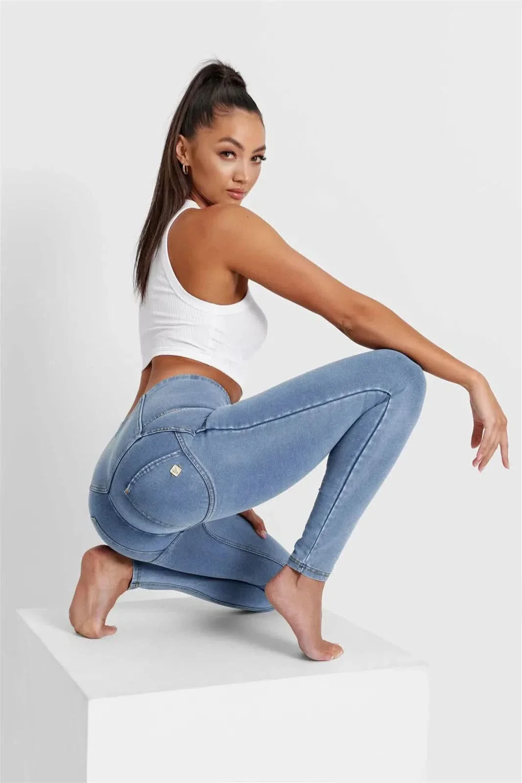 WRUP Denim - 3 Button High Waisted - Full Length - Light Blue + Yellow Stitching - Image 7