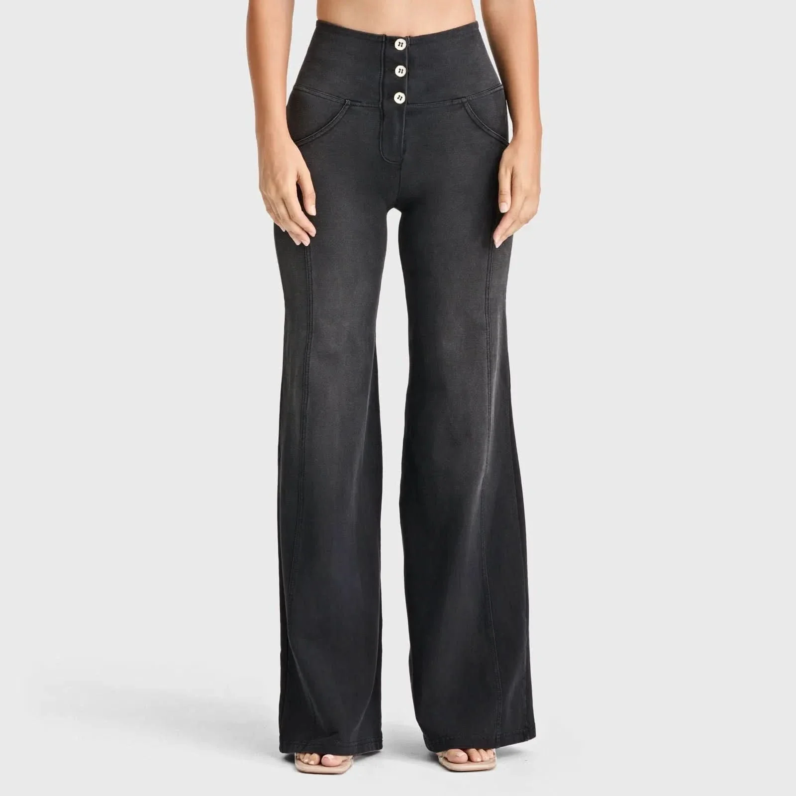 WRUP Denim - 3 Button High Waisted - Palazzo Flare - Black + Black Stitching - Image 2