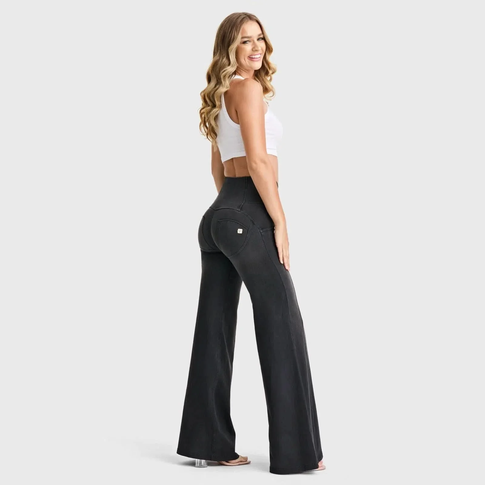 WRUP Denim - 3 Button High Waisted - Palazzo Flare - Black + Black Stitching - Image 5
