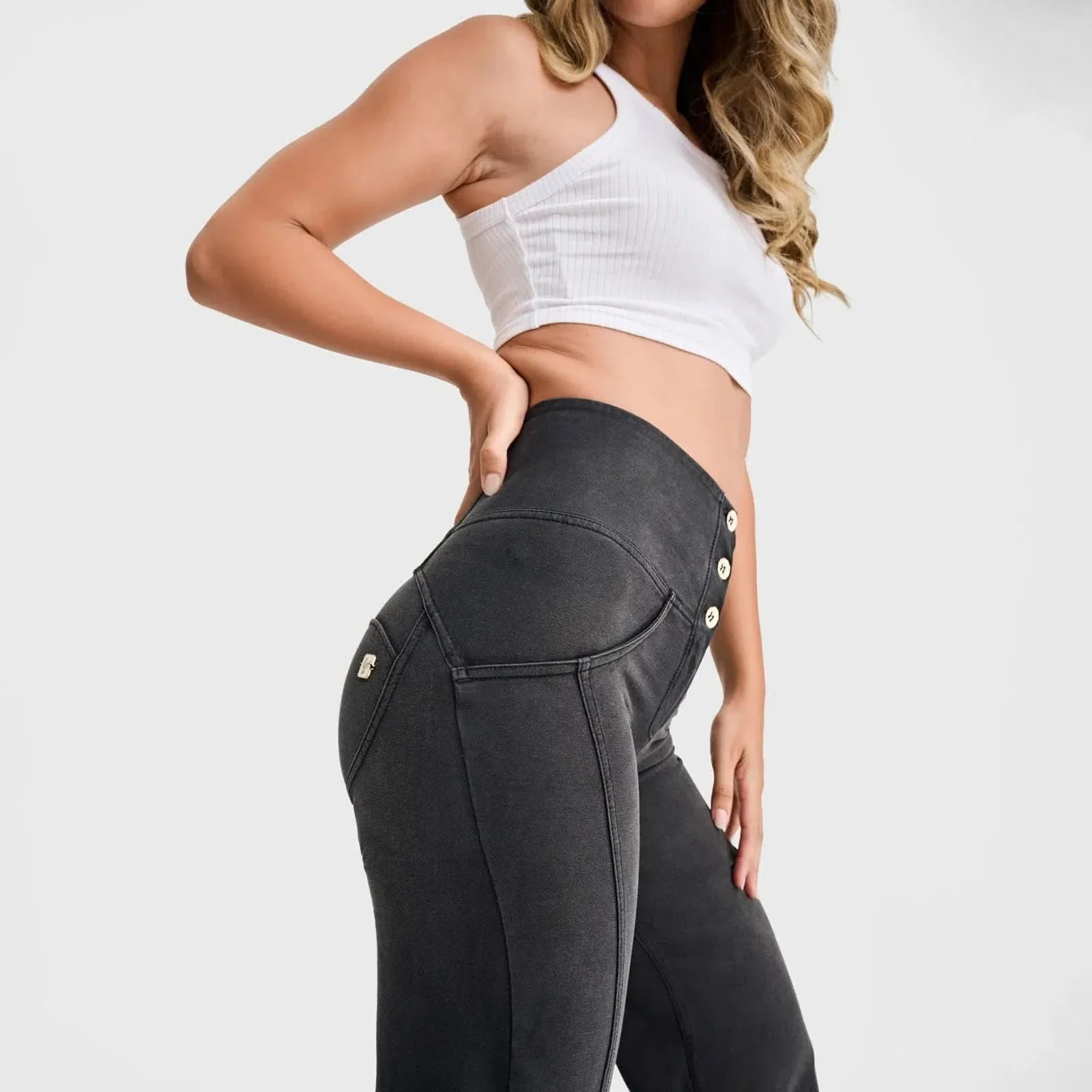WRUP Denim - 3 Button High Waisted - Palazzo Flare - Black + Black Stitching - Image 8