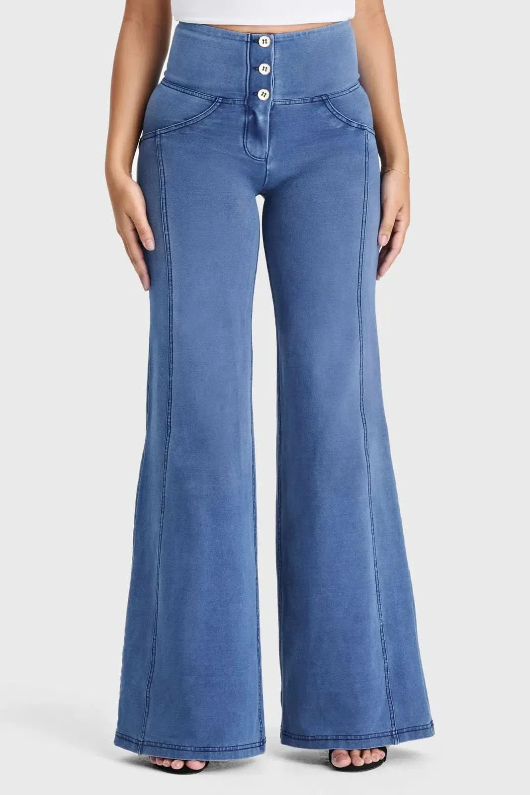 WRUP Denim - 3 Button High Waisted - Palazzo Flare - Light Blue + Blue Stitching - Image 10