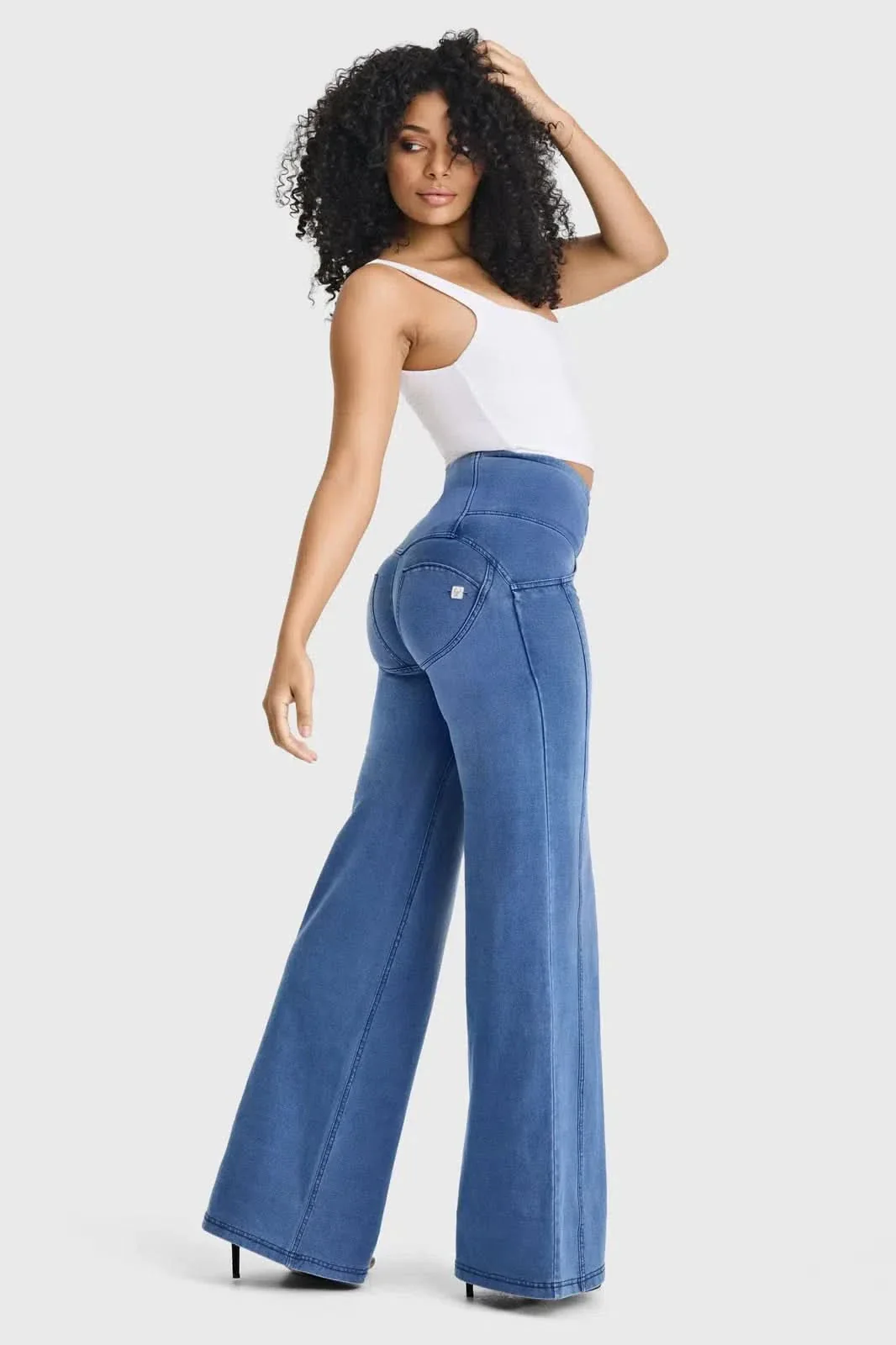 WRUP Denim - 3 Button High Waisted - Palazzo Flare - Light Blue + Blue Stitching - Image 2
