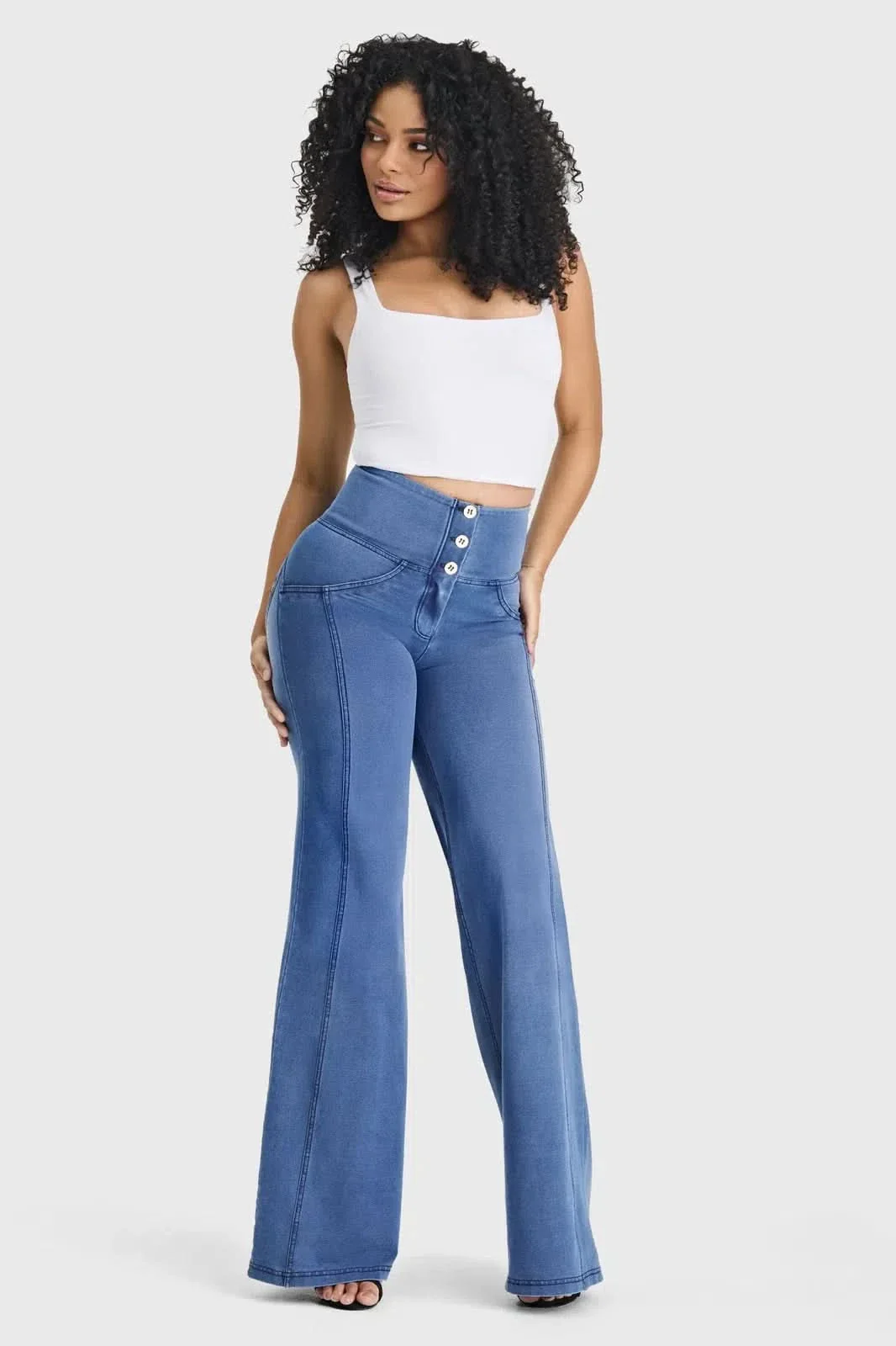 WRUP Denim - 3 Button High Waisted - Palazzo Flare - Light Blue + Blue Stitching - Image 4