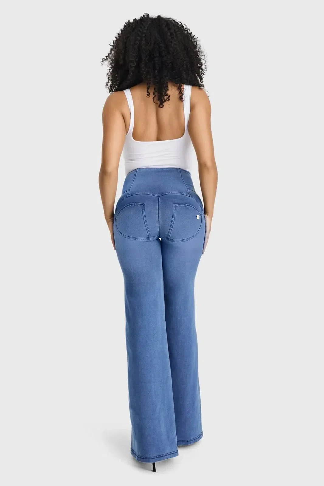 WRUP Denim - 3 Button High Waisted - Palazzo Flare - Light Blue + Blue Stitching - Image 5