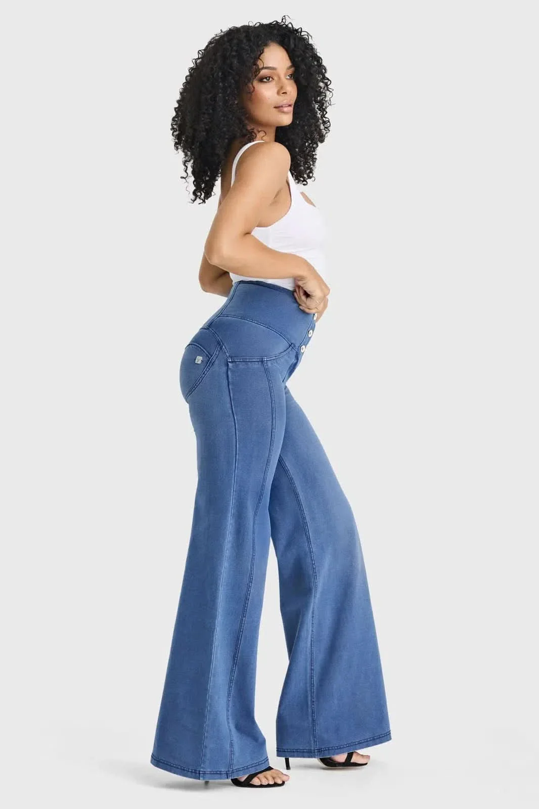 WRUP Denim - 3 Button High Waisted - Palazzo Flare - Light Blue + Blue Stitching - Image 6