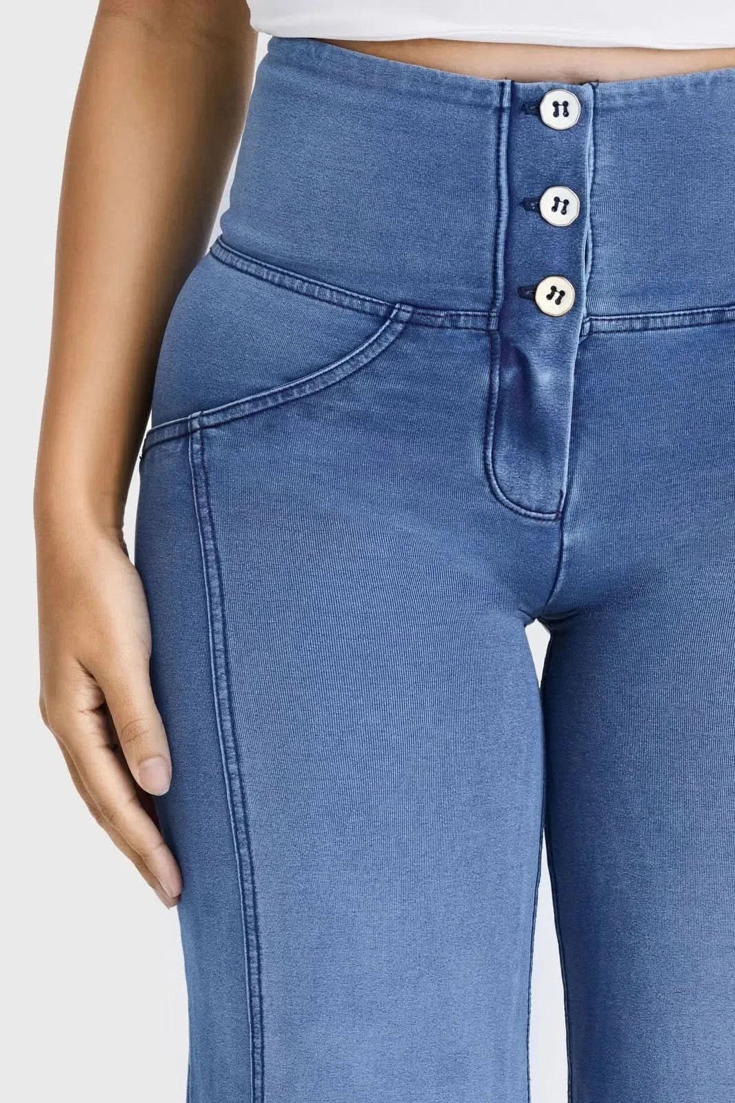 WRUP Denim - 3 Button High Waisted - Palazzo Flare - Light Blue + Blue Stitching - Image 7