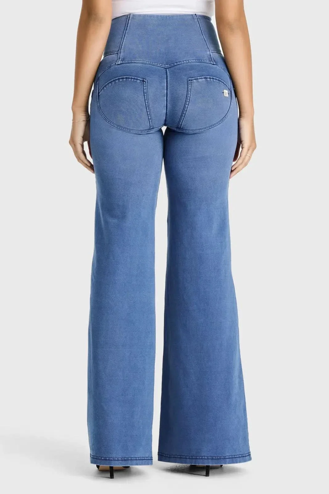 WRUP Denim - 3 Button High Waisted - Palazzo Flare - Light Blue + Blue Stitching - Image 8