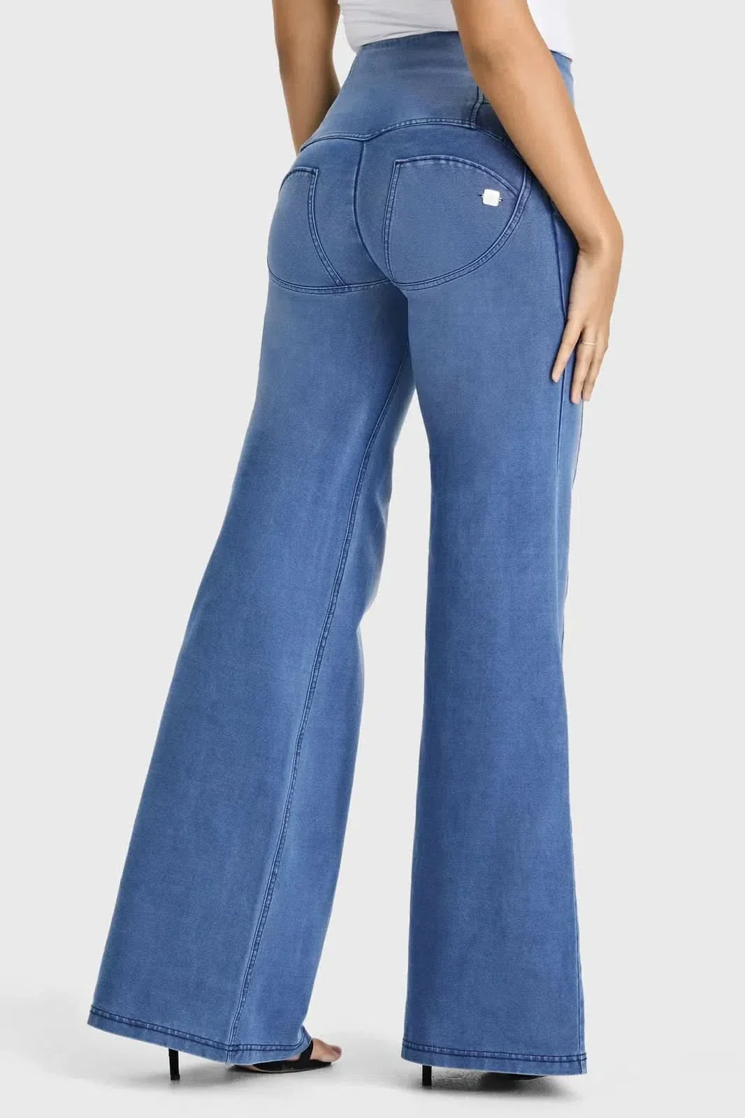 WRUP Denim - 3 Button High Waisted - Palazzo Flare - Light Blue + Blue Stitching - Image 9