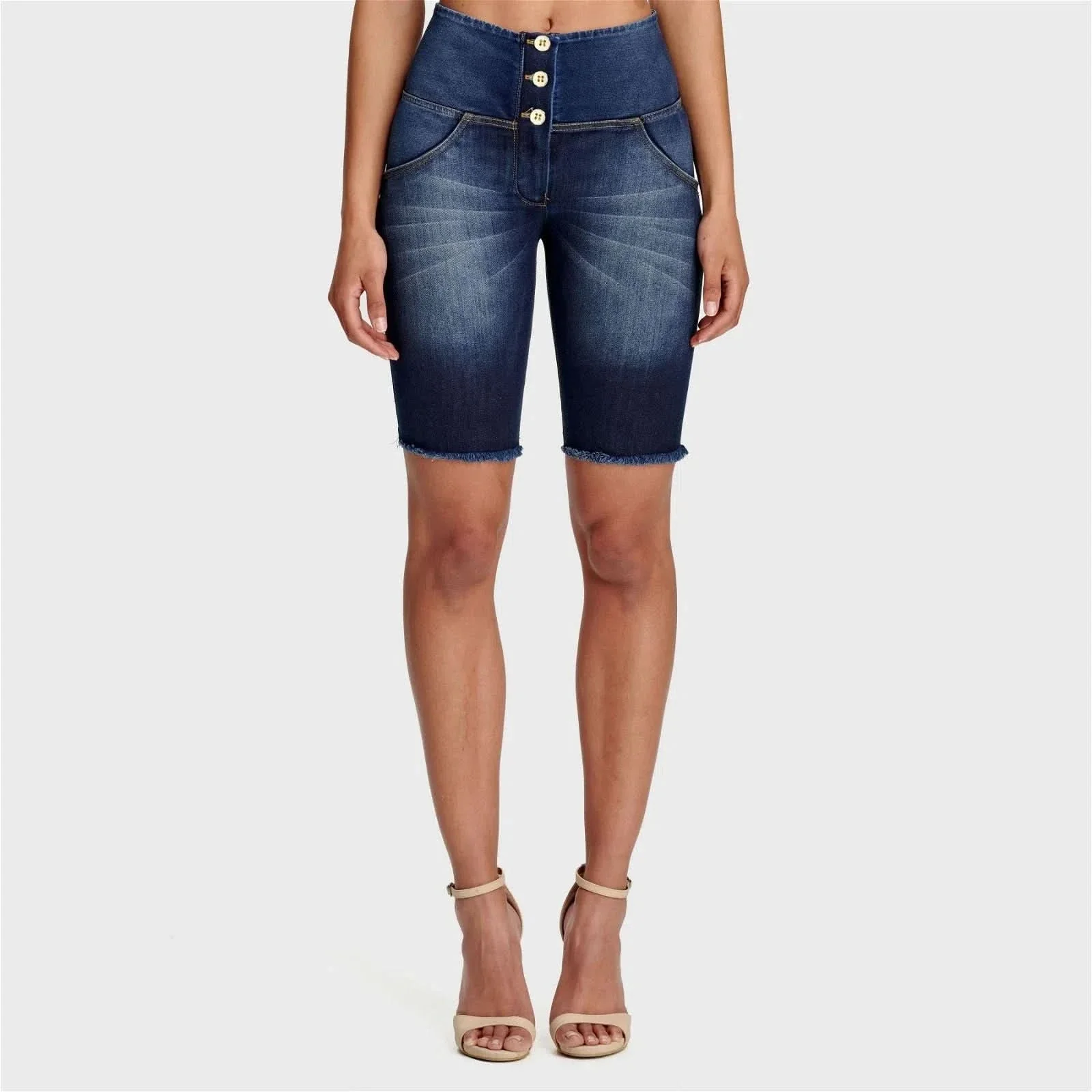 WRUP Denim - High Waisted - 3 Button Biker Shorts - Dark Blue + Yellow Stitching - Image 2