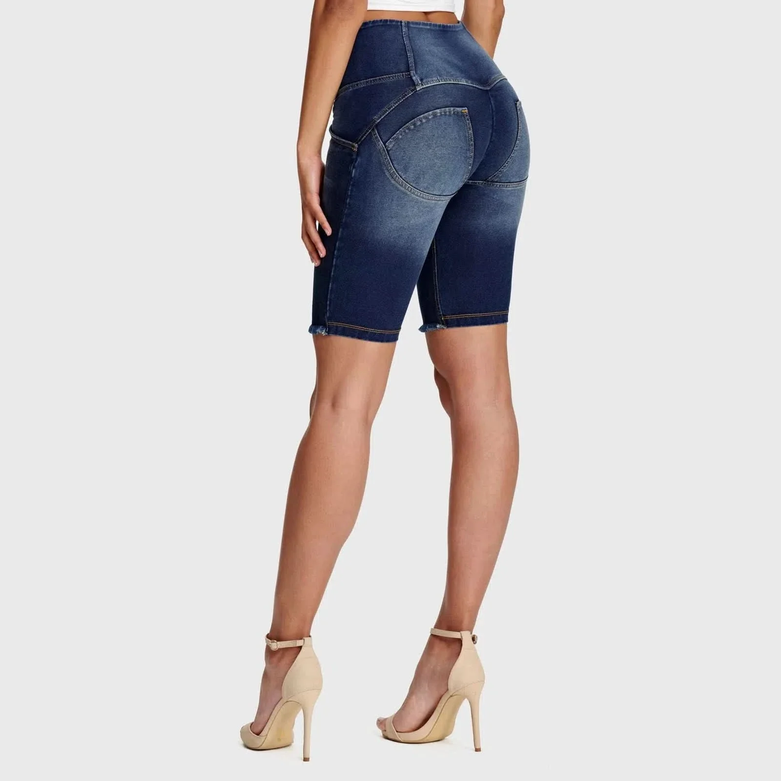 WRUP Denim - High Waisted - 3 Button Biker Shorts - Dark Blue + Yellow Stitching - Image 3