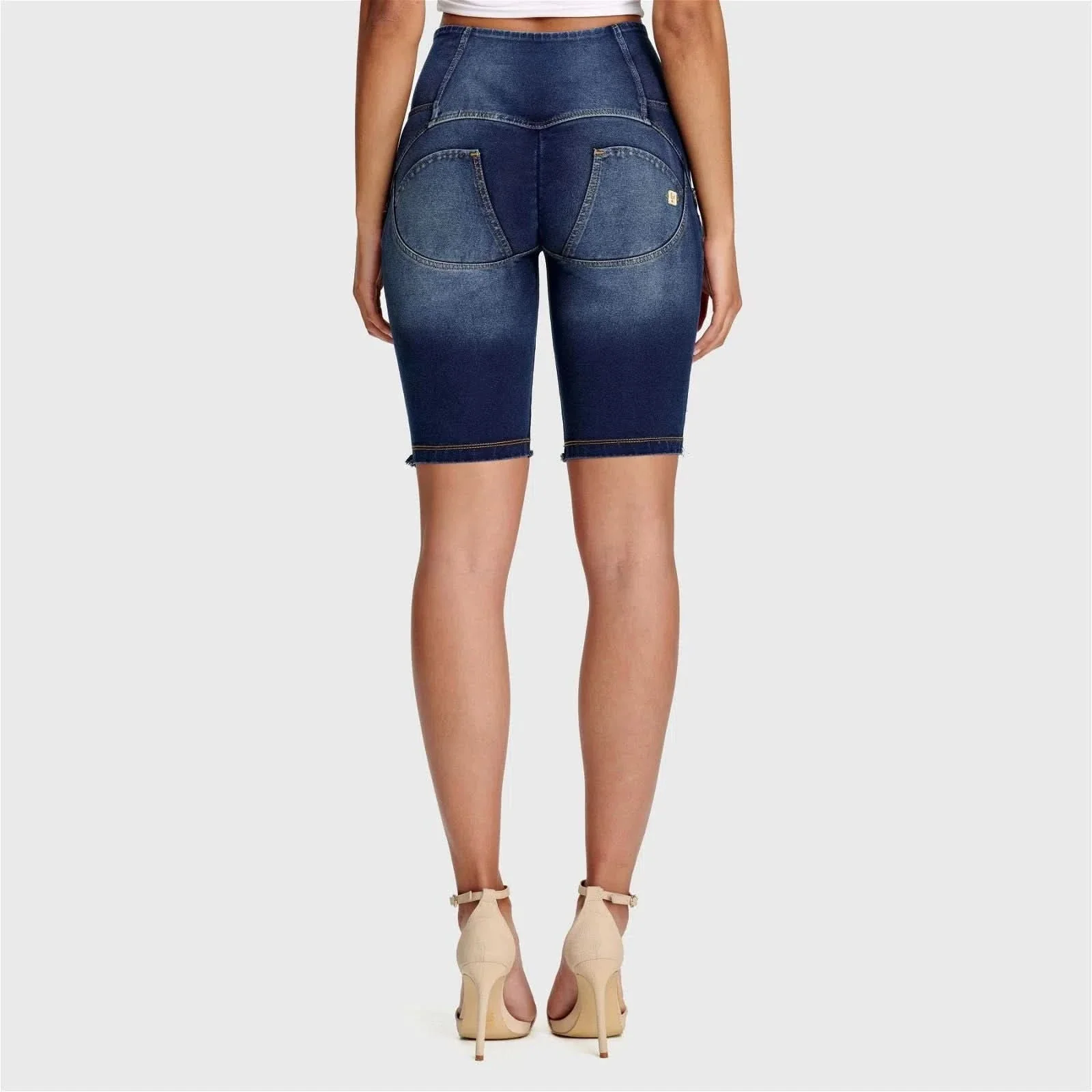 WRUP Denim - High Waisted - 3 Button Biker Shorts - Dark Blue + Yellow Stitching - Image 4