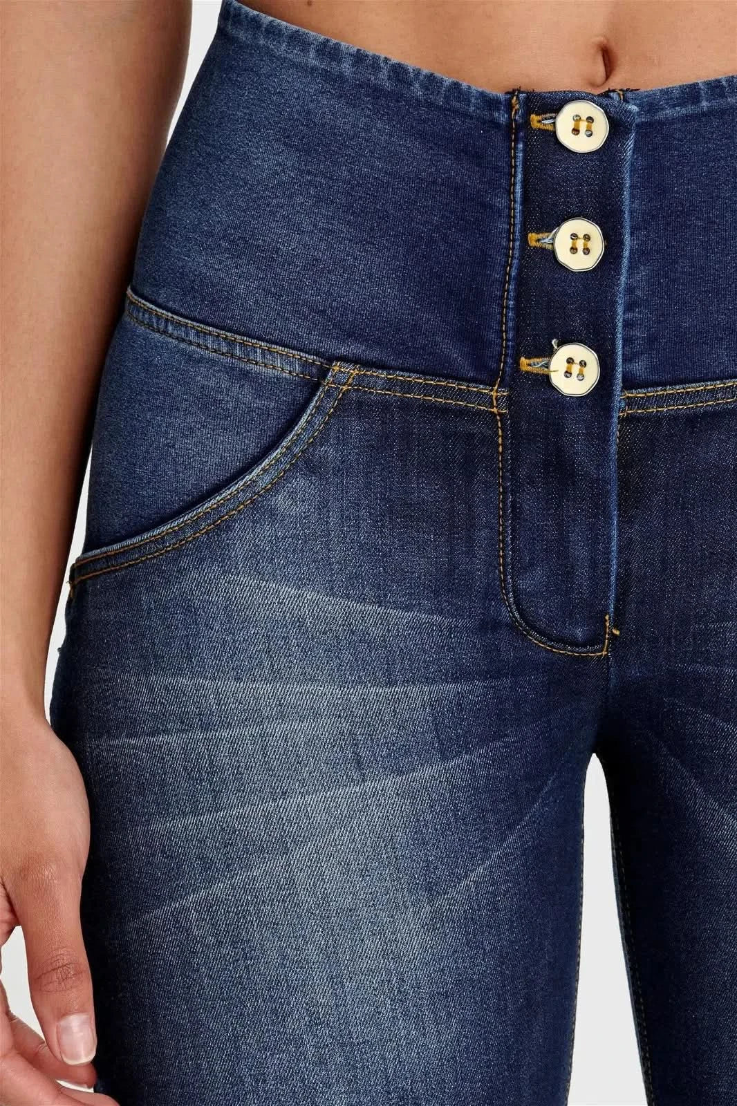 WRUP Denim - High Waisted - 3 Button Biker Shorts - Dark Blue + Yellow Stitching - Image 7