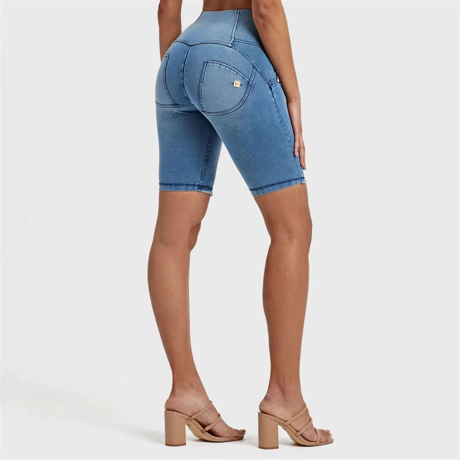 WRUP Denim - High Waisted - 3 Button Biker Shorts - Light Blue + Blue Stitching - Image 2