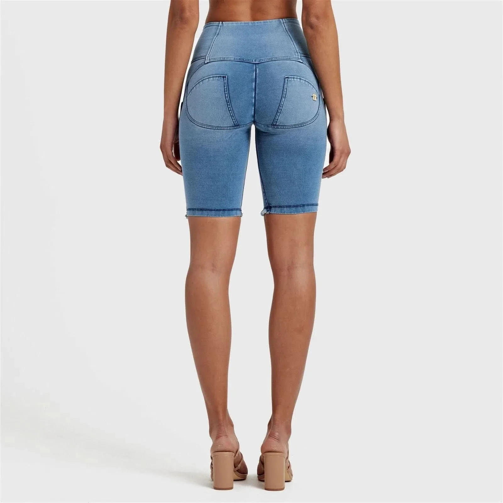 WRUP Denim - High Waisted - 3 Button Biker Shorts - Light Blue + Blue Stitching - Image 3
