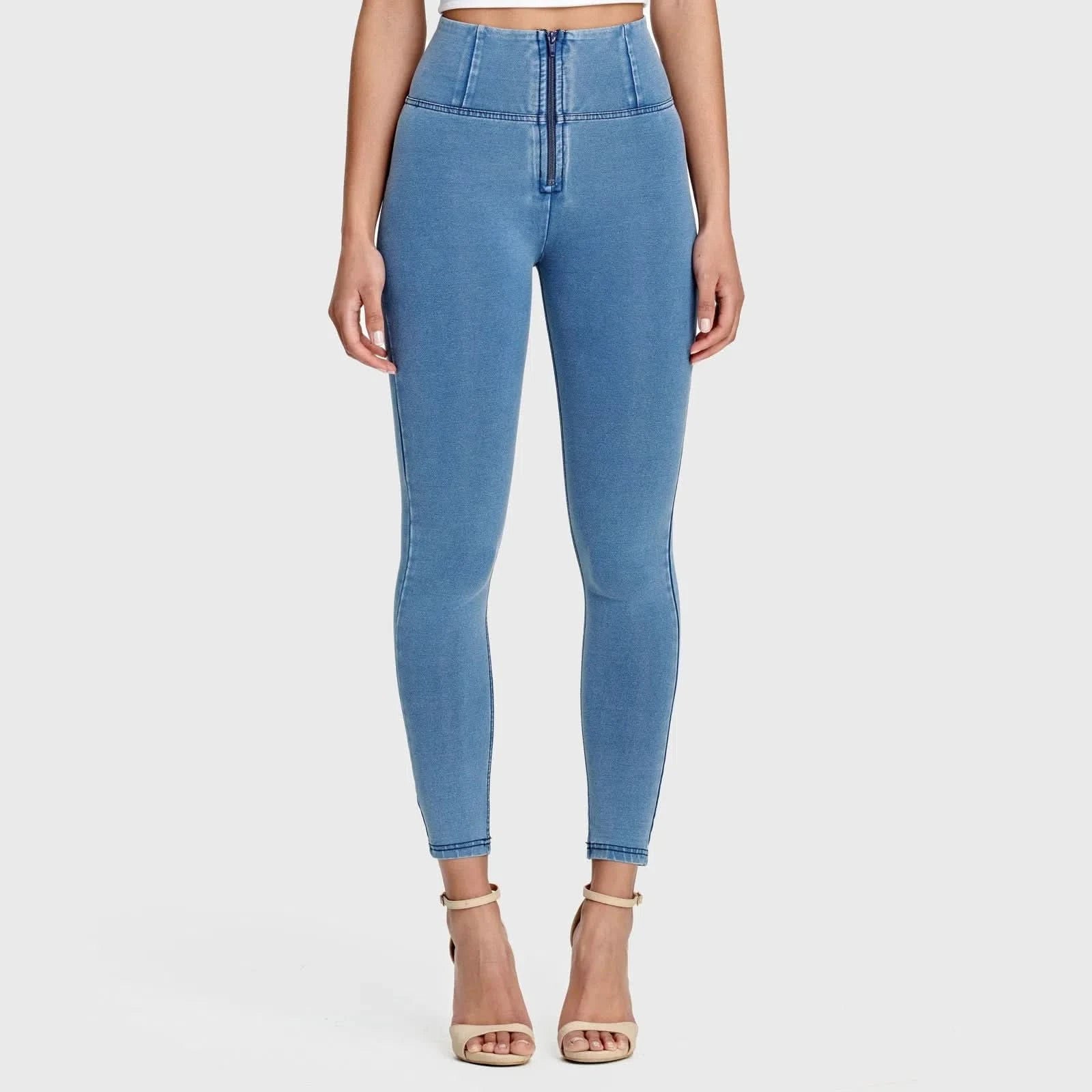 WRUP Denim - High Waisted - 7/8 Length - Light Blue + Blue Stitching - Image 3