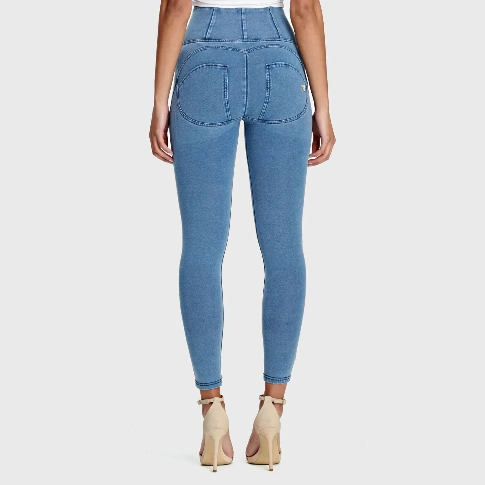 WRUP Denim - High Waisted - 7/8 Length - Light Blue + Blue Stitching - Image 4