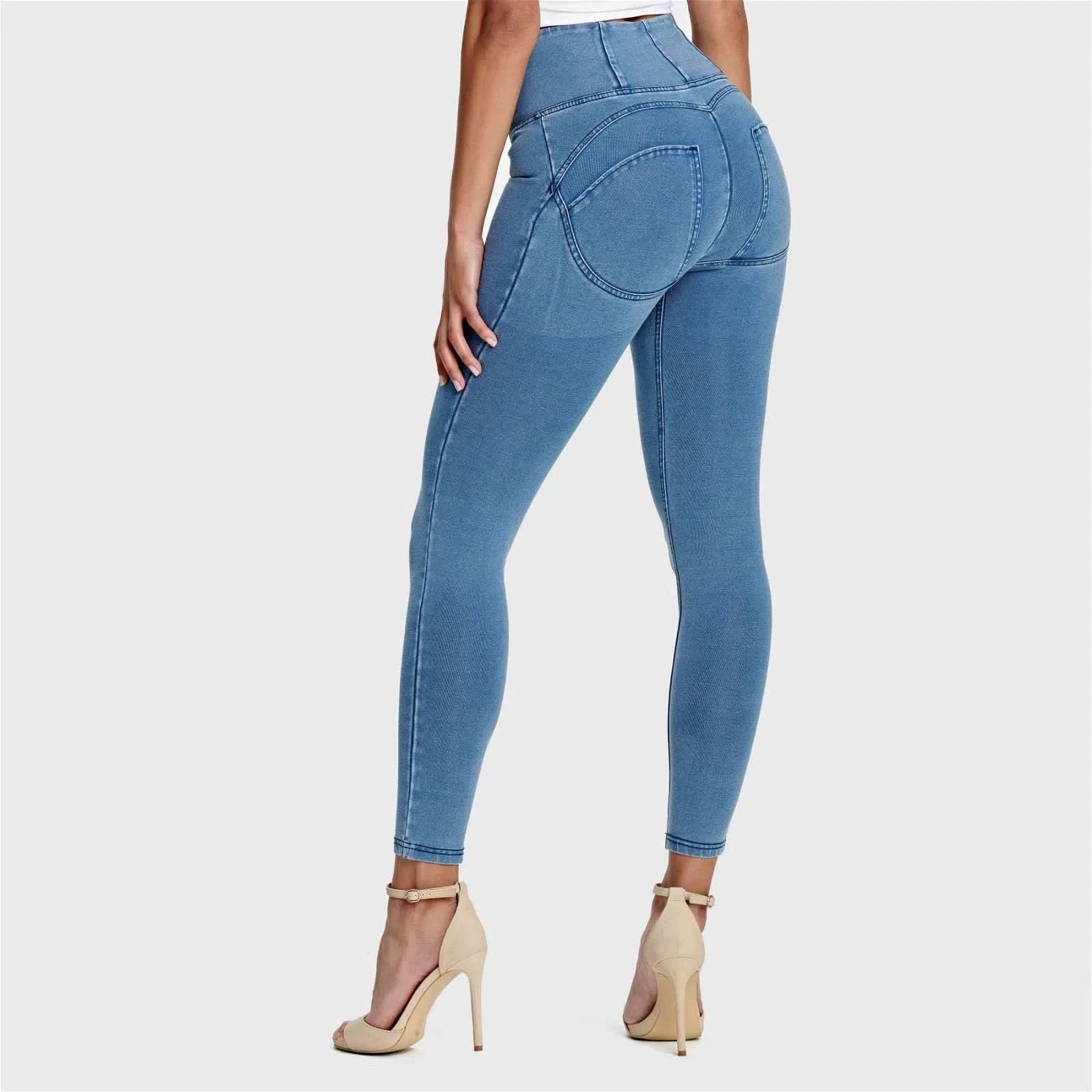WRUP Denim - High Waisted - 7/8 Length - Light Blue + Blue Stitching - Image 5