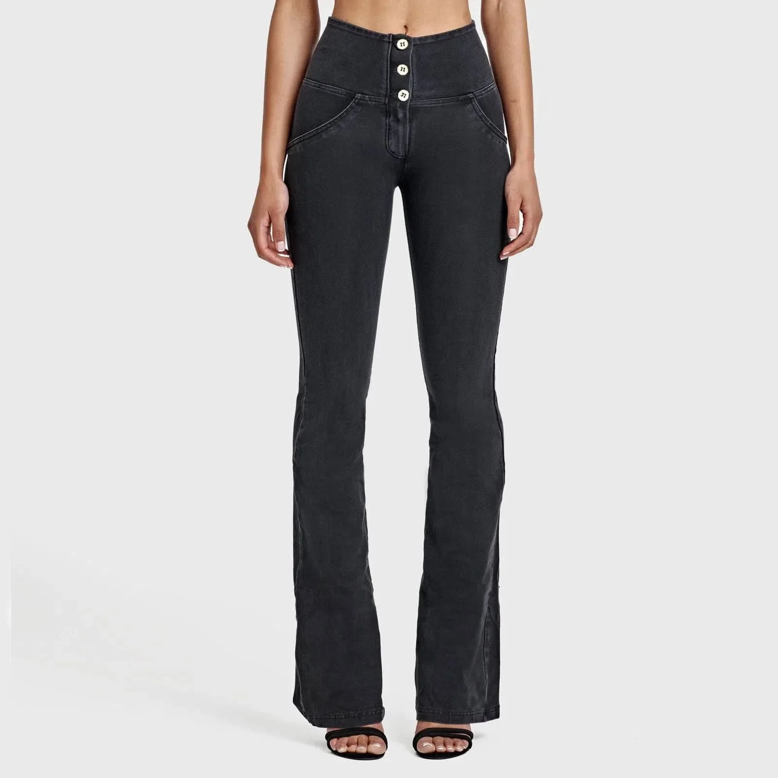 WRUP Denim - High Waisted - Bell Bottom Flare - Black + Black Stitching - Image 2