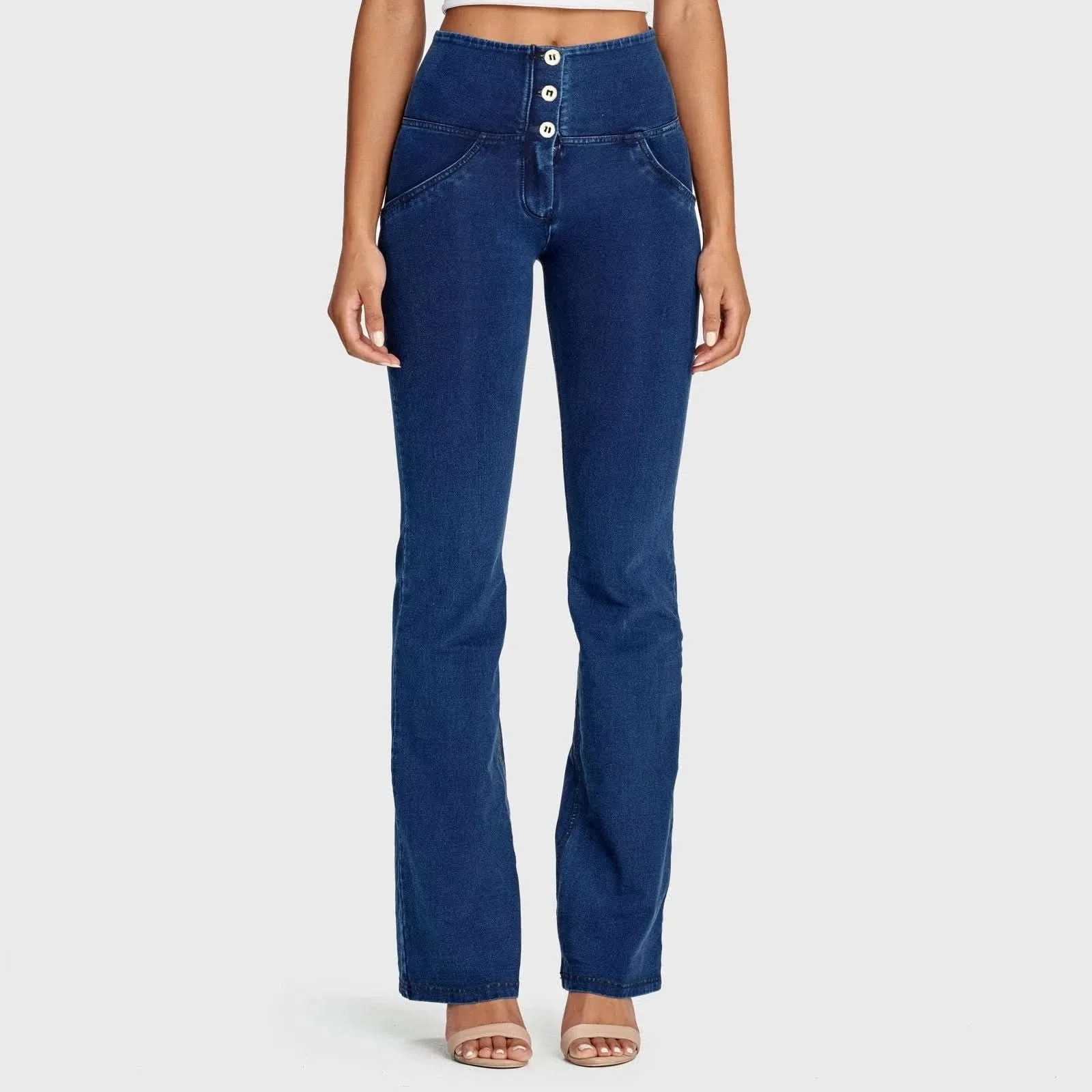 WRUP Denim - High Waisted - Bell Bottom Flare - Dark Blue + Blue Stitching - Image 2