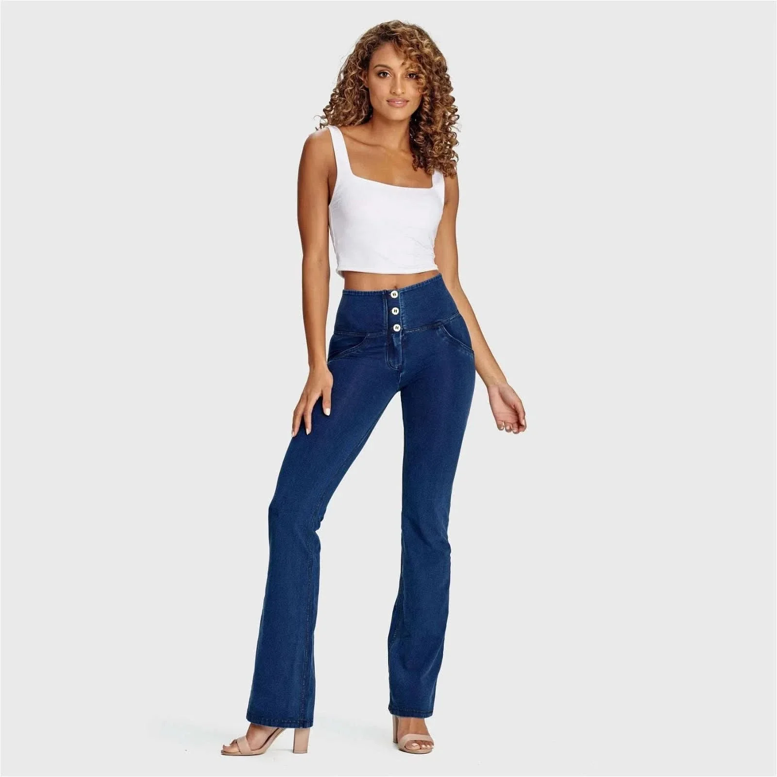 WRUP Denim - High Waisted - Bell Bottom Flare - Dark Blue + Blue Stitching - Image 5