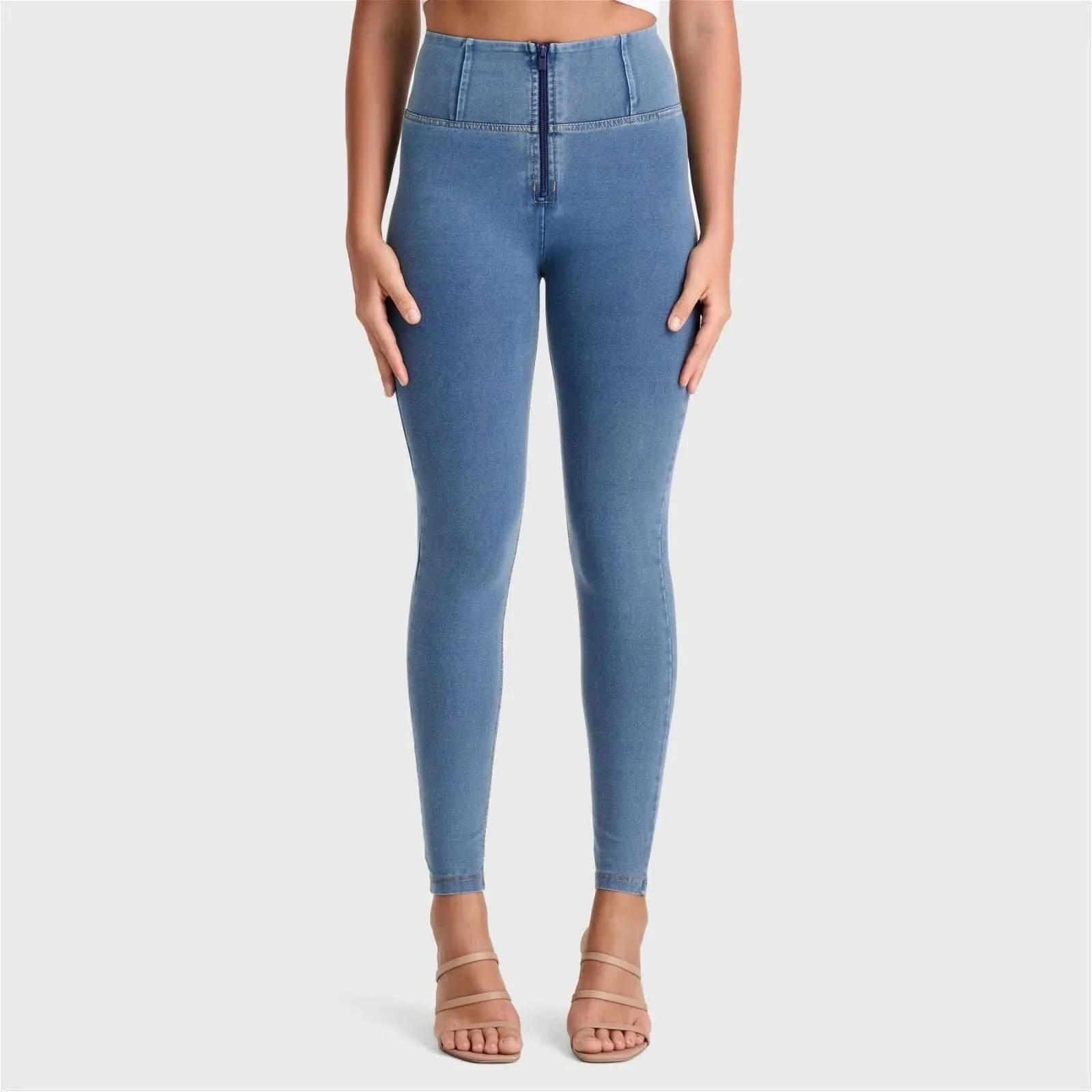 WRUP Denim - High Waisted - Full Length - Light Blue + Yellow Stitching - Image 2