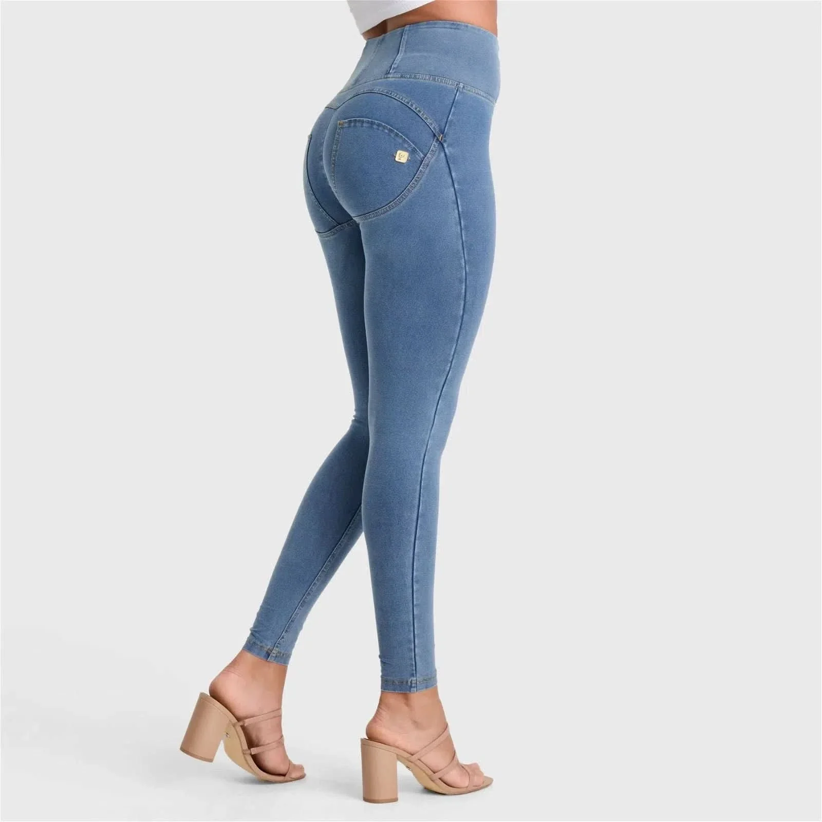 WRUP Denim - High Waisted - Full Length - Light Blue + Yellow Stitching - Image 4