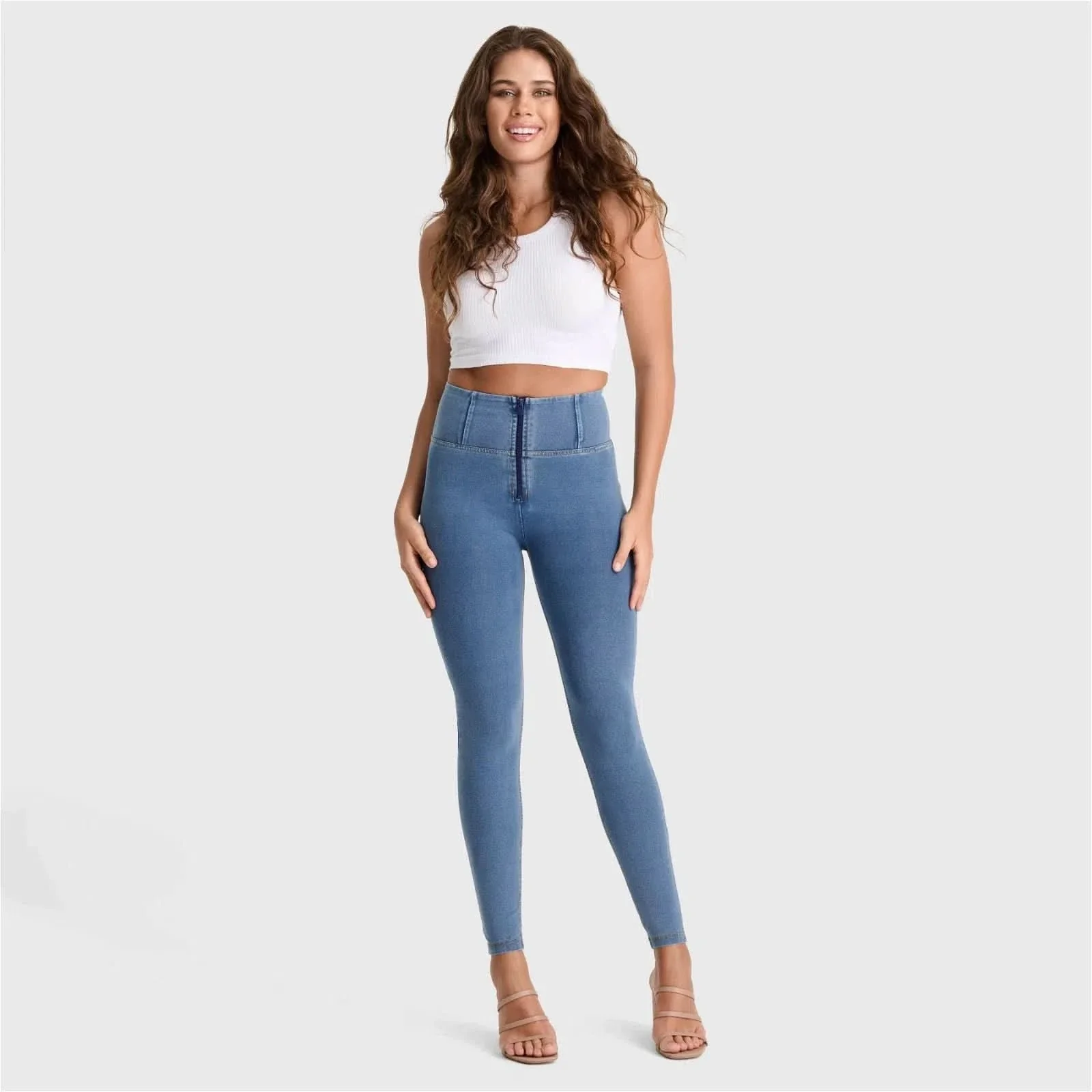 WRUP Denim - High Waisted - Full Length - Light Blue + Yellow Stitching - Image 6